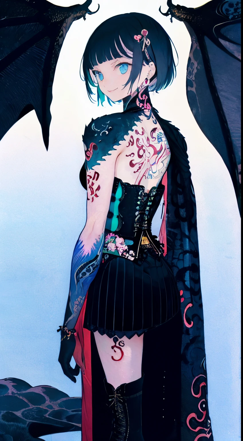 A gothic maiden anime young girl, (Japanese tattoo of Dragon on her back: 1.5), BREAK Dark blue and short bob hair, blunt bangs, (Sanpaku blue eyes:1.3), unpleasant smile, BREAK Standing with her back straight, BREAK Perfect anatomy, (black multi-layered Japanese kimono with detailed embroidery:1.3), (black latex gloves:1.2), (lace-up boots:1.2), (corset:1.5), BREAK Shallow depth of fields, soft focus, incredibly absurdres, super detailed illustration, extra detailed face, super detailed illustration, extra detailed face, raw photography, DeviantArt trends, natural soft light.