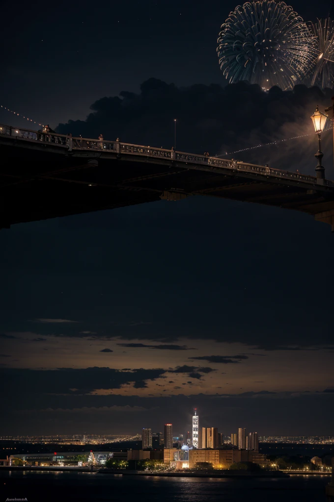 Escena nocturna de la ciudad:1.37.滨江Night city scene,water cruise,rascacielos en la orilla,Viaducto que rodea la ciudad.,bustling metropolis,城市lamplight秀,Brilliant laser fireworks bloom in the sky,Muchos fuegos artificiales,lamplight