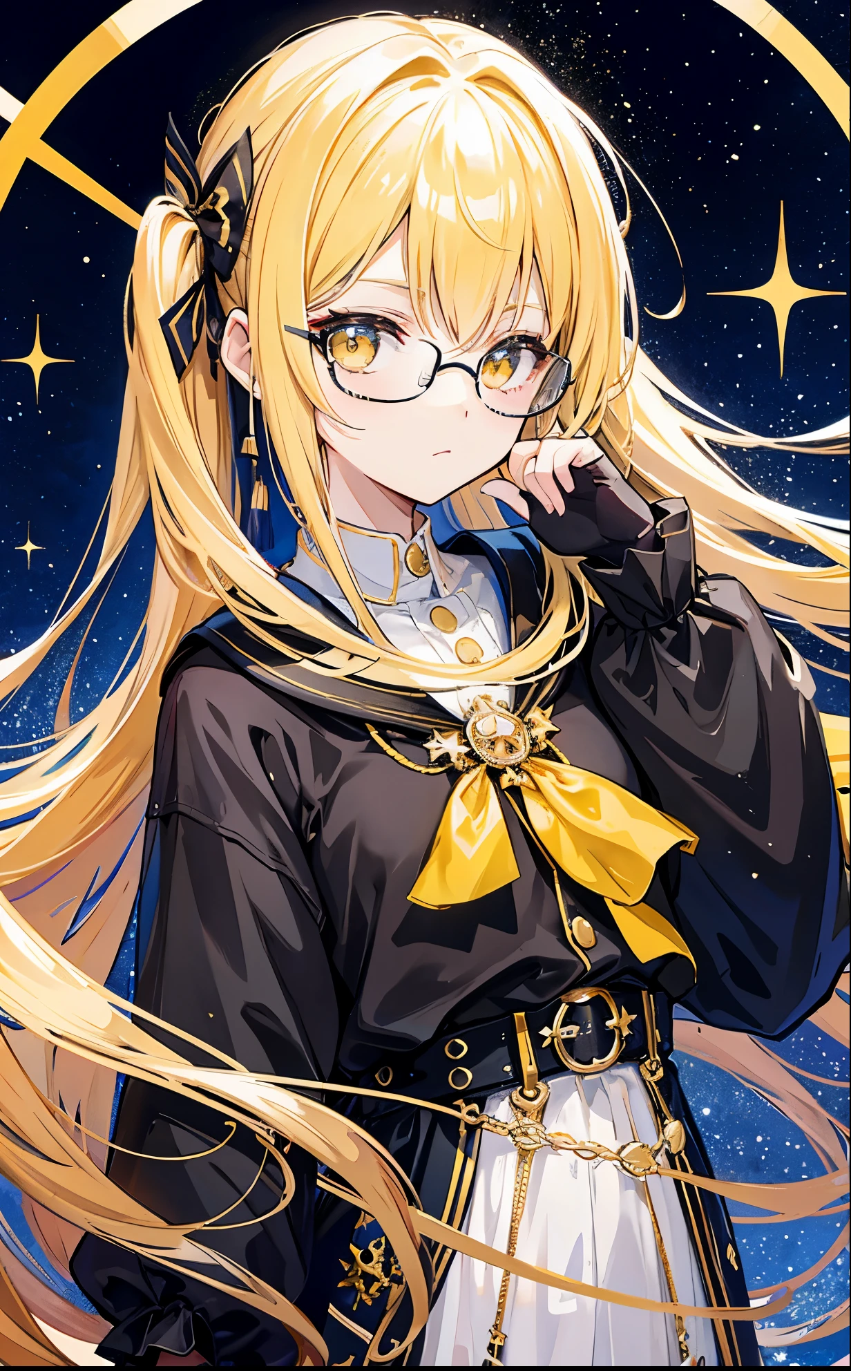 The background of the golden starry sky is stunning，Dark yellow twin ponytails，The hair as a whole has a light yellowish feel，But there is a sense of black attachment，Star decoration，Meteor decoration，With black glasses，There is a deceptive look in the eyes，Girl but very handsome，There is a sense of contempt in his eyes，黑黄的冲锋衣有着Star decoration