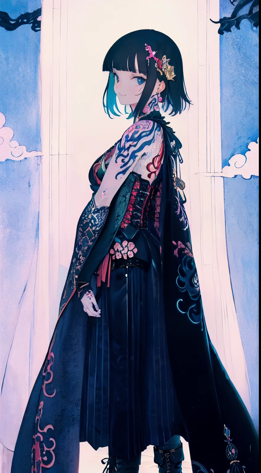 A gothic maiden anime young girl, (Japanese tattoo of Dragon on her back: 1.5), BREAK Dark blue and short bob hair, blunt bangs, (Sanpaku blue eyes:1.3), unpleasant smile, BREAK Standing with her back straight, BREAK Perfect anatomy, (black multi-layered Japanese kimono with detailed embroidery:1.3), (black latex gloves:1.2), (lace-up boots:1.2), (corset:1.5), BREAK Shallow depth of fields, soft focus, incredibly absurdres, super detailed illustration, extra detailed face, super detailed illustration, extra detailed face, raw photography, DeviantArt trends, natural soft light.