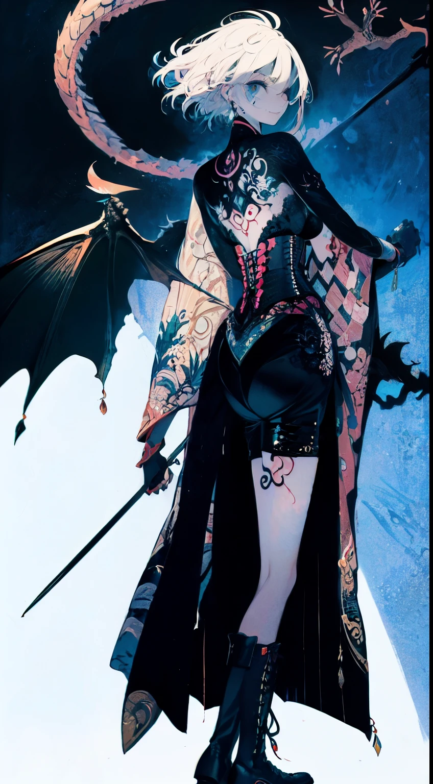 A gothic maiden anime young girl, (Japanese tattoo of Dragon on her back: 1.5), BREAK Dark blue and short bob hair, blunt bangs, (Sanpaku blue eyes:1.3), unpleasant smile, BREAK Standing with her back straight, BREAK Perfect anatomy, (black multi-layered Japanese kimono with detailed embroidery:1.3), (black latex gloves:1.2), (lace-up boots:1.2), (corset:1.5), BREAK Shallow depth of fields, soft focus, incredibly absurdres, super detailed illustration, extra detailed face, super detailed illustration, extra detailed face, raw photography, DeviantArt trends, natural soft light.