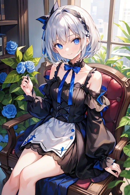 masutepiece, hyper quality, 1girl in, Solo Girl, Silver hair, Blue eyes, Sharp eyes, Straight hair, (Short hair), ((shoulder-length hair)), Black dress, bow ribbon, frilld, Long sleeves, holding Blue roses, Blue roses, (with Blue roses in one hand), sitting in the chair, little smiling, lite smile, Slightly lighter background