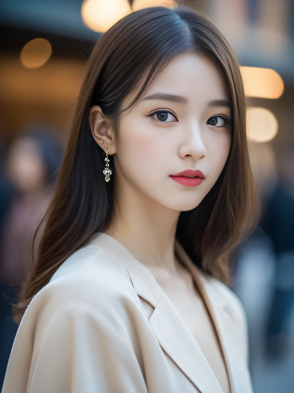 (((32K,very high res, high detailing, highly accurate,Masterpiece Girl 1))),Raw photo & realistic atmosphere,beautiful dark blue eyes,Detailed mouth,Glossy lips,Detailed eyebrows,Soft white skin that shines with every detail,,Eyes drawn in detail、Very beautiful eyes with azure eyes,Detailed lips、Very beautiful face,Very well-formed face、Lifelike face,shiny beautiful lips,Beautiful eyebrows,Infinite reality,Best design,（Insanely cute sober Japan 17-year-old high school girl,Toned body,thighs thighs thighs thighs,Slender legs,Beautifully shaped breasts,Very cute beautiful girl,Little Girl：1.5）,Best Natural Makeup,Japanese ido,Korean Idols,Young Idols,Moist eyes,Dark beautiful eyes,Beautiful butt,beauty legs,,camel's foot,：1.3),超A high resolution、,Natural and realistic face,Back lighting,Pure eyes are too cute,(((photorealisim,Photograph the whole body))),,Reality Live Action,（Earrings that look fashionable,,a necklace,A bracelet,gyuru,Glossy nail art,Clothes like a girl,,Girlish clothes,,Dress up elegantly and cutely,Tailored jacket,Ruffled Inner Blouse Beautiful Draped Skirt,Beautiful fashionable girl with little exposure,Light Brown Fluffy Perm Medium Hair,独奏,Lori,chew a little,full body Esbian：1.7）,Night in Shibuya（Turned：1.5）