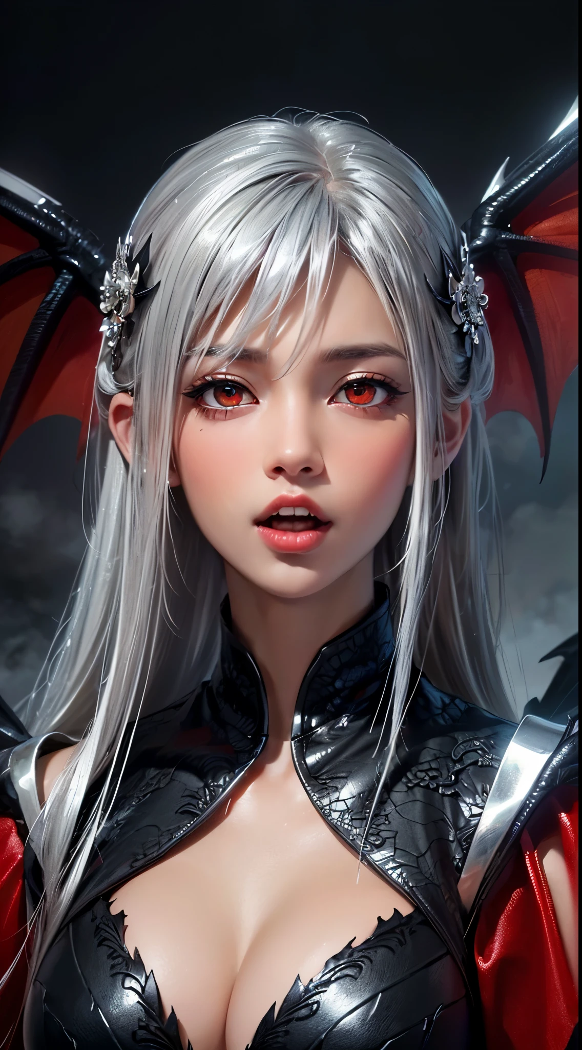 (UHD, retina, masterpiece, accurate, anatomically correct, textured skin, super detail, high details, high quality, best quality, high res, 1080P, HD, 4K, 8k, 16k), (beautiful detailed eyes, beautiful detailed lips, extremely detailed eyes and face), soft lighting, physically-based rendering, vivid colors, (large breasts:1.5), (portrait, shiny hair, shiny skin), eye reflection, (bokeh, dark background), (black color, dragon hair ornament, dragon wings, dragon tail, fog, silver hair, tanned skin, red glowing eyes, open your mouth:1.5),
