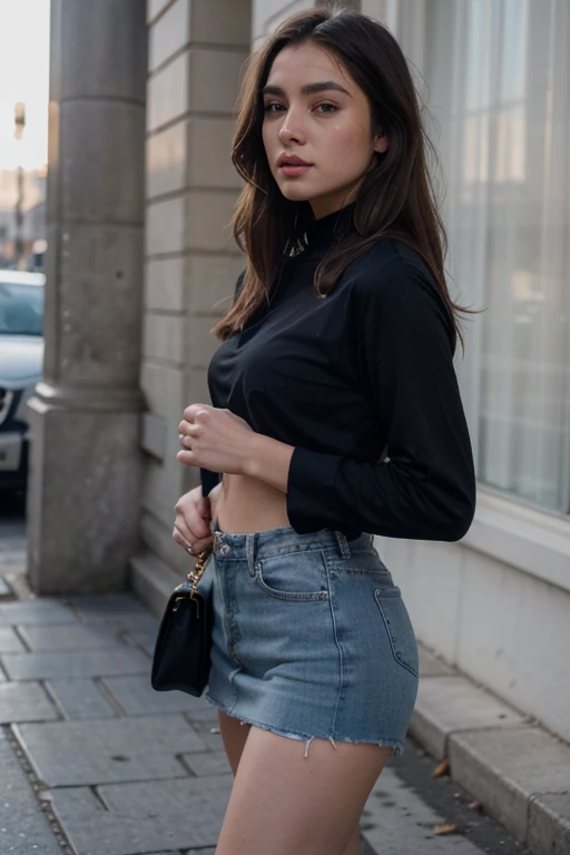 ((best quality)), ((masterpiece)), (detailed), perfect face realistic photo of beautiful woman with long dark brown hair, Russian, influencer, light freckles, dark brown eyes, big lips, no makeup, instagram, walking down the black hall, wearing a skirt, trending on cg society, renaissance, wearing double denim, versace, 2021, sexy outfit, wearing a dark shirt and jeans, f2, front