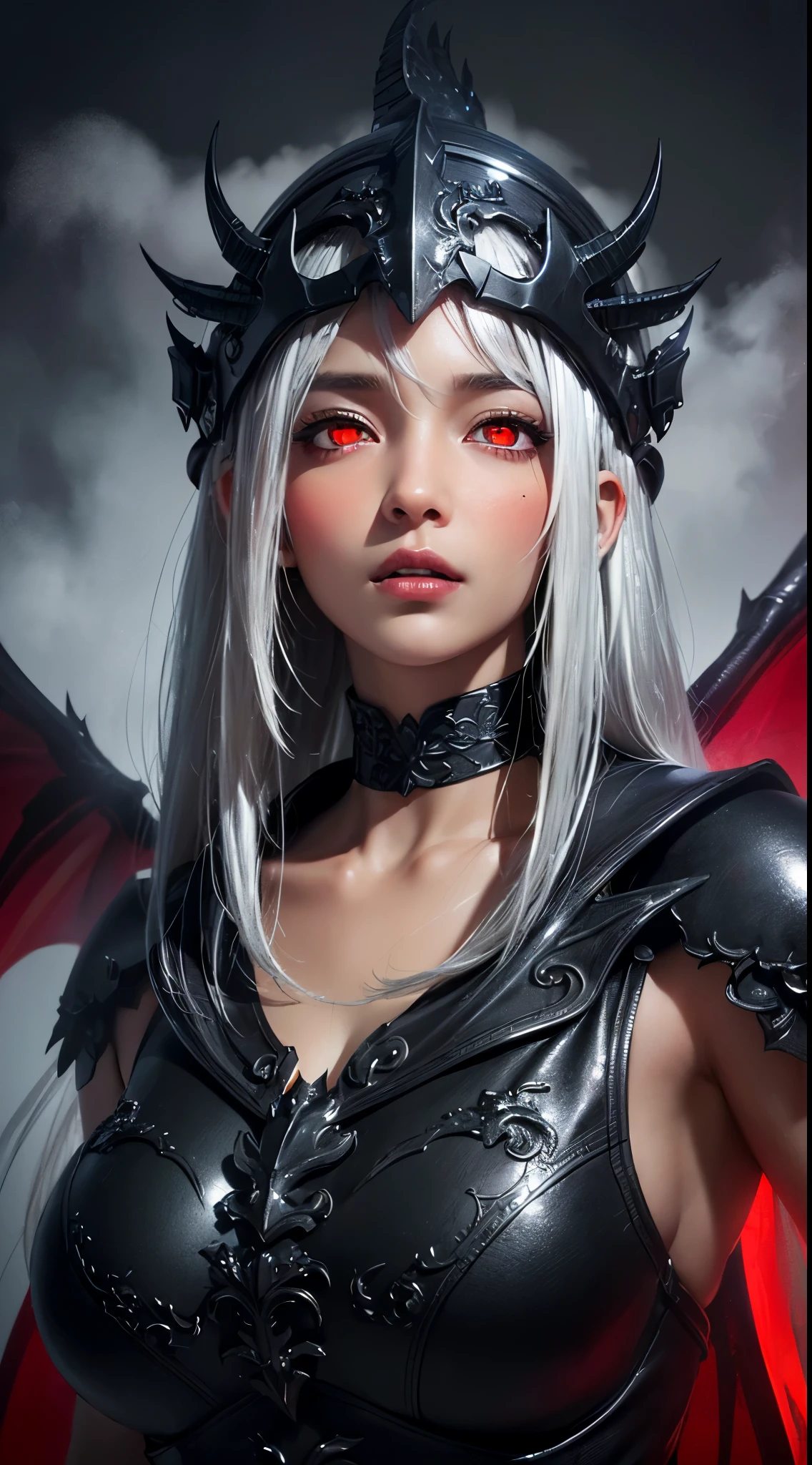 (UHD, retina, masterpiece, accurate, anatomically correct, textured skin, super detail, high details, high quality, best quality, high res, 1080P, HD, 4K, 8k, 16k), (beautiful detailed eyes, beautiful detailed lips, extremely detailed eyes and face), soft lighting, physically-based rendering, vivid colors, (large breasts:1.5), (portrait, shiny hair, shiny skin), eye reflection, (bokeh, dark background), (black color, dragon helmet, dragon wings, dragon tail, fog, silver hair:1.5), ((tanned skin, red glowing eyes, parted lips:1.5)),