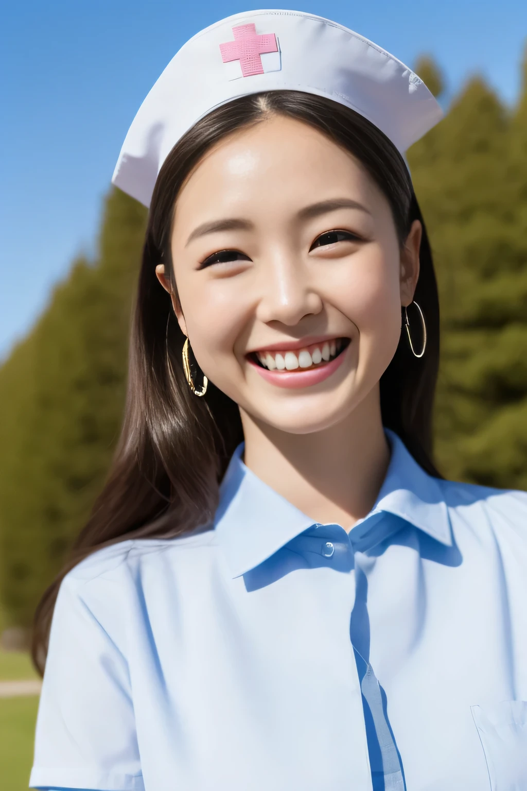 The face is a hostess、（pink nurse clothes、Nurse Cap：1.5）、hiquality、A hyper-realistic、healthy、Smiling expression、Slender perfect figure、Japanese beauty ace perfect、Beautiful skin、The background is blue sky