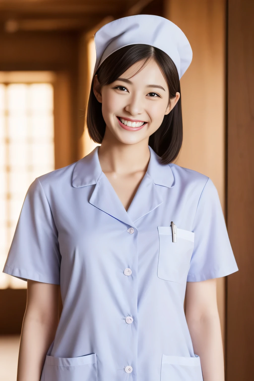 The face is a hostess、（pink nurse clothes、Nurse Cap：1.5）、hiquality、A hyper-realistic、healthy、Smiling expression、Slender perfect figure、Japanese beauty ace perfect、Beautiful skin、The background is blue sky