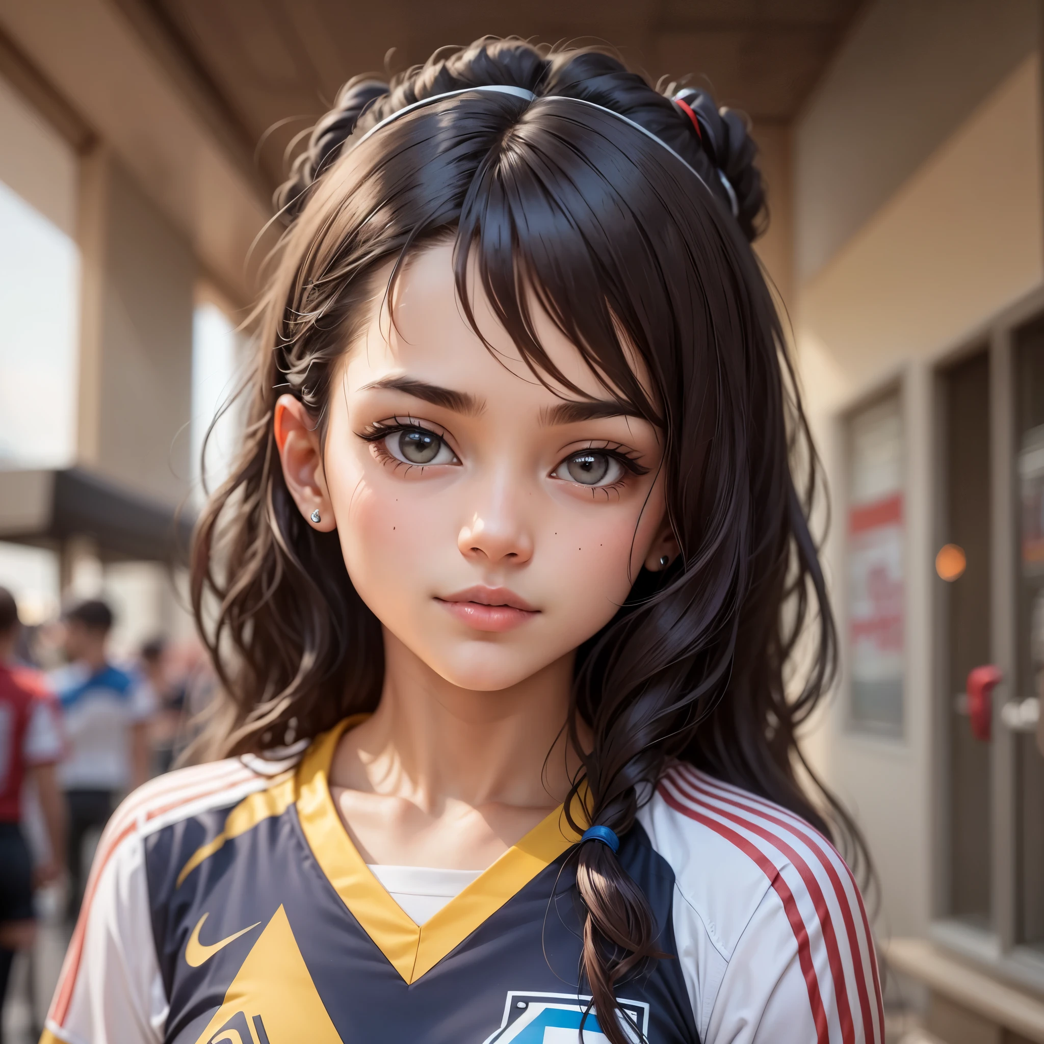 a young Brazilian girl dressed in the Brazilian football team shirt looking at the camera --auto --s2