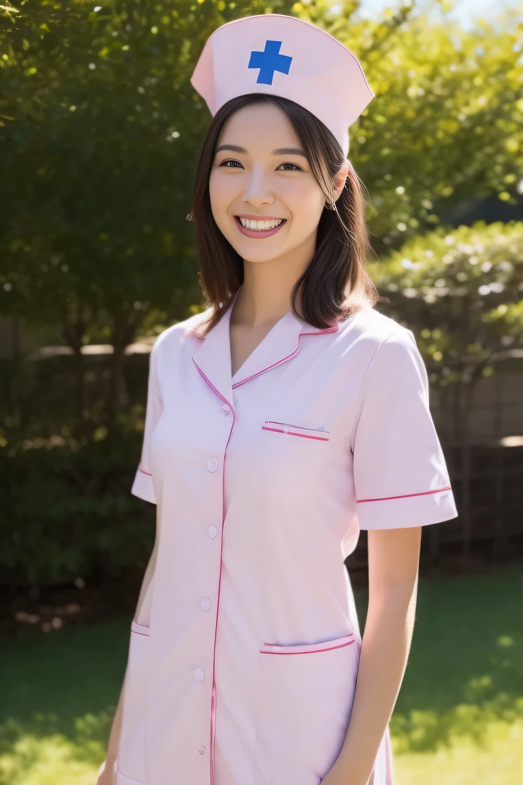 The face is a hostess、(pink nurse clothes、Nurse Cap:1.5)、hiquality、A hyper-realistic、healthy、Smiling expression、Slender perfect figure、Japanese beauty ace perfect、Beautiful skin、The background is blue sky