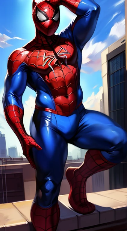 solo, german shepherd, overweight, wearing red and blue spiderman, spiderman spandex costume, raimi spiderman suit print, no masked, full body view, frontal shot, red spiderman mask, putting on the red spiderman mask on top of his head, at top of building rooftop, by darkgem by chunie by juiceps, anime furry art style