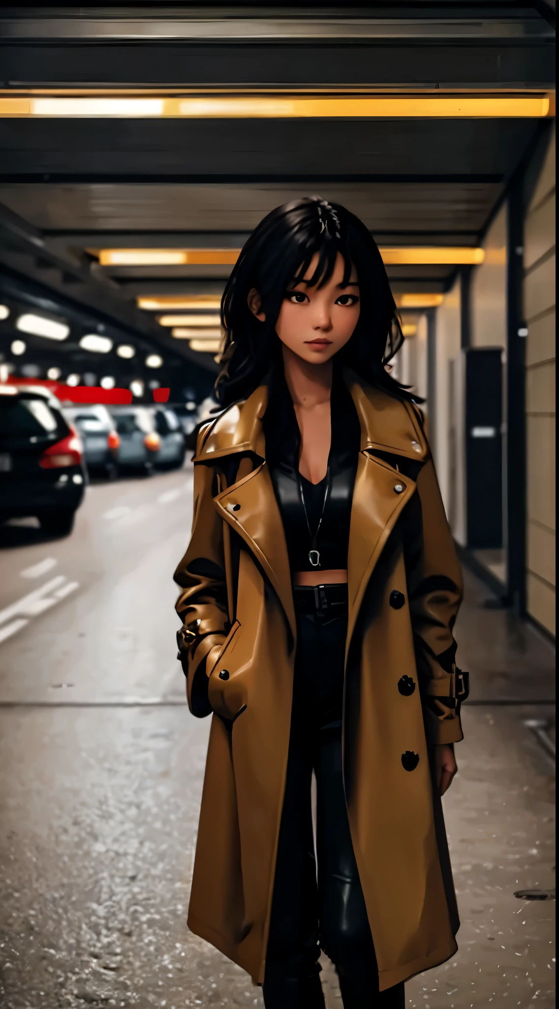 Ultra quality, masterpiece, 16 year old women Asian, perfect face, black hair fringed, model spinning around, lost and confused expression, long fitted tan trench coat, Coat open, low cut black long sleeve top, black leather pants, tan boots (((same as jacket))), large breast 1.4, low lit parking ramp,