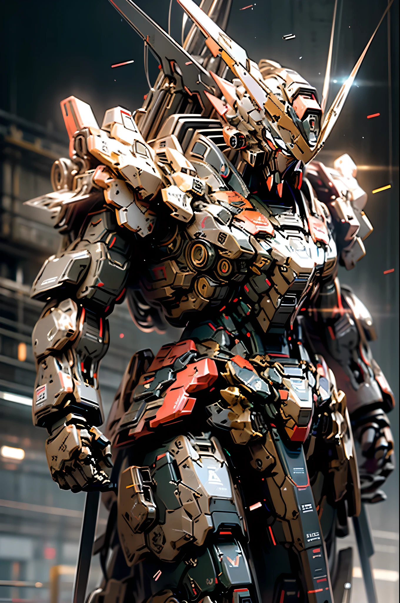 ((best quality)), ((horizontal engineering)), (The content is very detailed: 1.3), 8K,cool painting,This is a science fiction movie,assignment,手持巨大盾牌的红色坦克装甲assignment,Reinstall to MK2,red color mecha,The mask covered the face,holding shield in the air,Super large mechanical shield,heavy武器,heavy,,cannon,Gatling scattered on the ground,Carry a weapon on your back,Waist again,behind the scenes again,Super cool tank armor,god of weapons,Gundam humanoid mecha,anime mecha aesthetic,Perfect body proportion,Heads-up view,stand posture,Military giant mecha,,Luo Xiaotu Technology,actual,The sky is cloudy,Dark black war background,rim-light,ray traycing,Light particles,NVIDIA Trtx, Hyper-Resolution,Unreal 5,sub surface scattering,Specular and albedo maps,trichotomy,largeaperture,Fighting posture, 8K raw data,High efficiency sub-pixel,sub-pixel convolution,灯Light particles,Light scattering,dingdall effect,ray traycing.