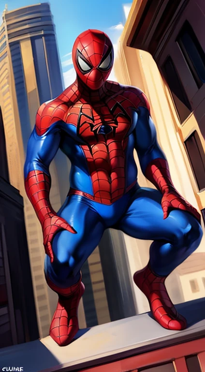solo, german shepherd, overweight, wearing red and blue spiderman, spiderman spandex costume, raimi spiderman suit print, no masked, full body view, frontal shot, at top of building rooftop, by darkgem by chunie by juiceps, anime furry art style