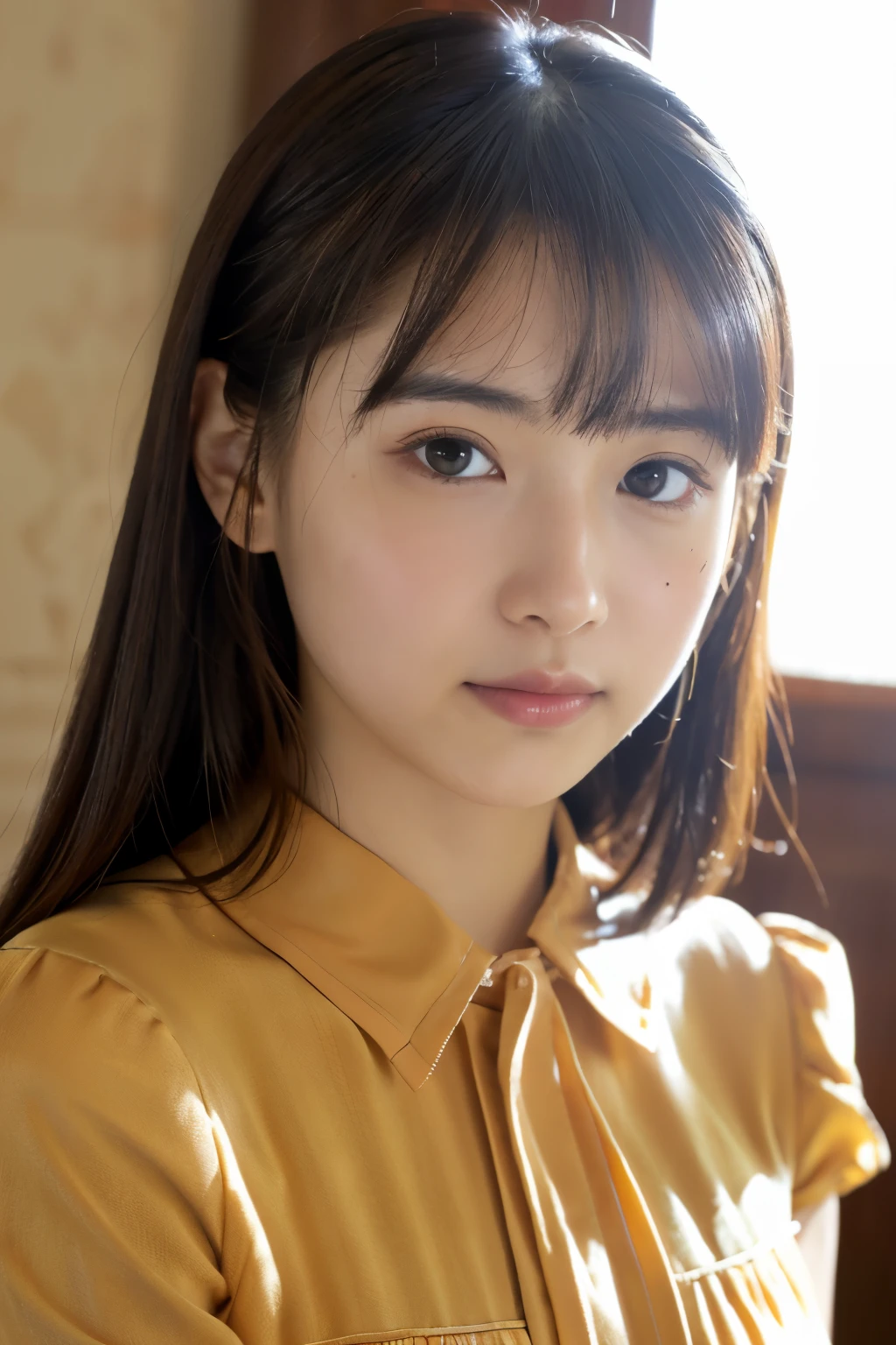 ((Best Quality)), ((masutepiece)), (Detailed), Perfect face Best Quality, Face Focus, Soft light, 超A high resolution, (Photorealistic:1.4), Raw photo,
1日本人の女の子, Solo, Cute, (pupils on, Light in the eyes), Detailed beautiful face, (Small chest),(High-resolution details of human skin texture),
(Long hair),
Indoor,
Damask Shirt Dress,
(Portrait)