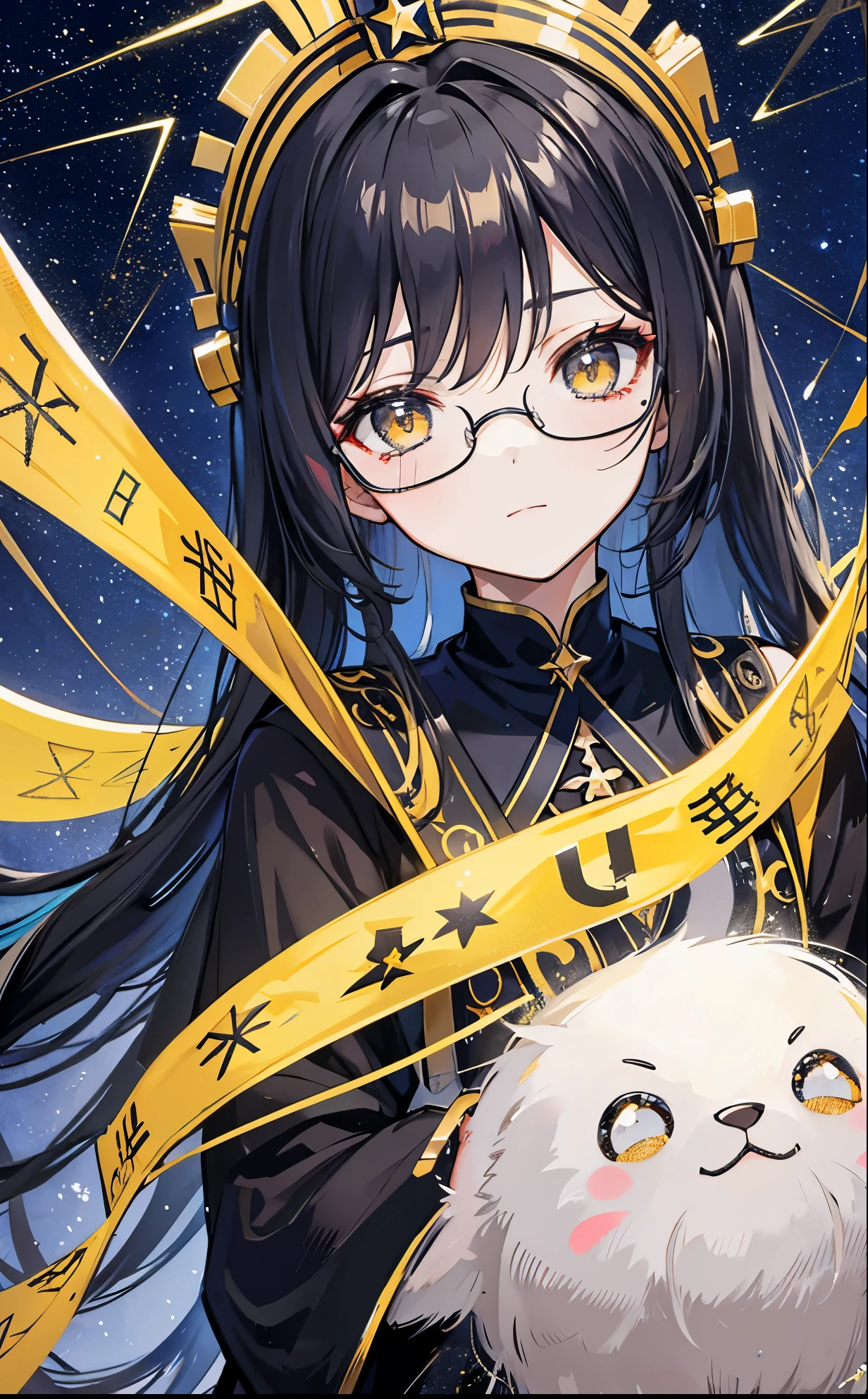 The background of the golden starry sky is stunning，Dark yellow twin ponytails，The hair as a whole has a light yellowish feel，But there is a sense of black attachment，Star decoration，Meteor decoration，With black glasses，There is a deceptive look in the eyes，Girl but very handsome，There is a sense of contempt in his eyes，黑黄的冲锋衣有着Star decoration