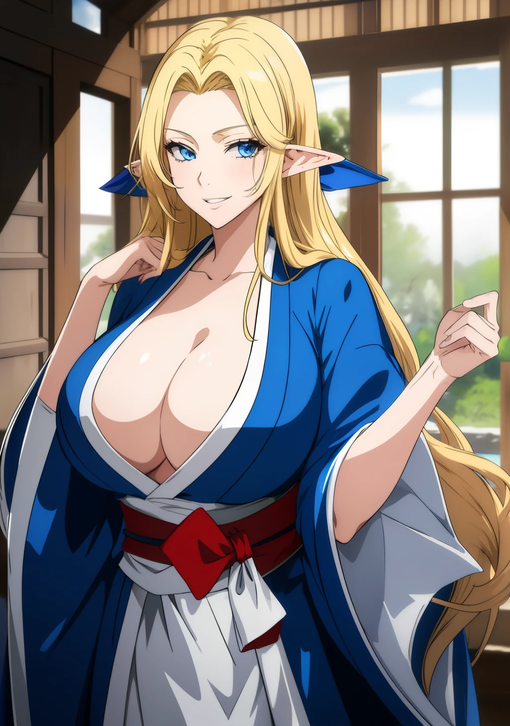 Blue kimono, huge tits, busty, blonde, elf ears, blue eyes, long hair, detailed, masterpiece, best quality, 4K, HDR, shrine, upperbody, smile