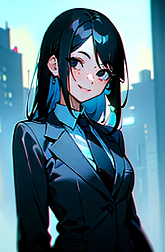 black hair, (hair tucked behind ear), forehead, (long side bangs, medium length hair, light freckles, woman, ((black eyes)), suit and tie, neon blue city, smiling