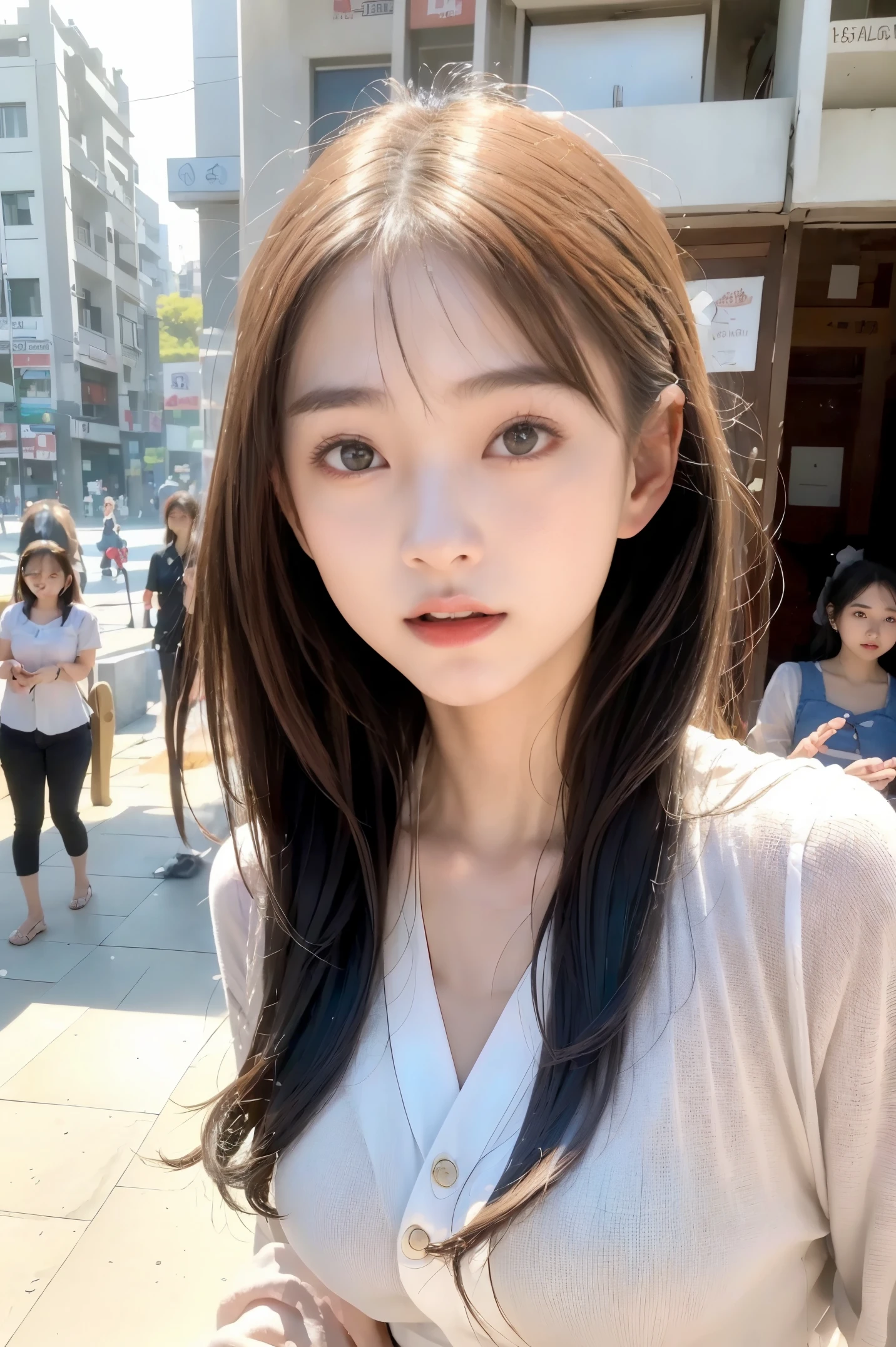 ((Perfectly insane textured)), ((Perfect proportional object arcithecture)), ((Perfect photo)), ((Super ekstremely detiled)), ((best quality)), ((masterpiece)), (bright face), (perfect finger), food stand、tea,  18years old women、bring small bowl of noodle,  in jakarta city indonesia