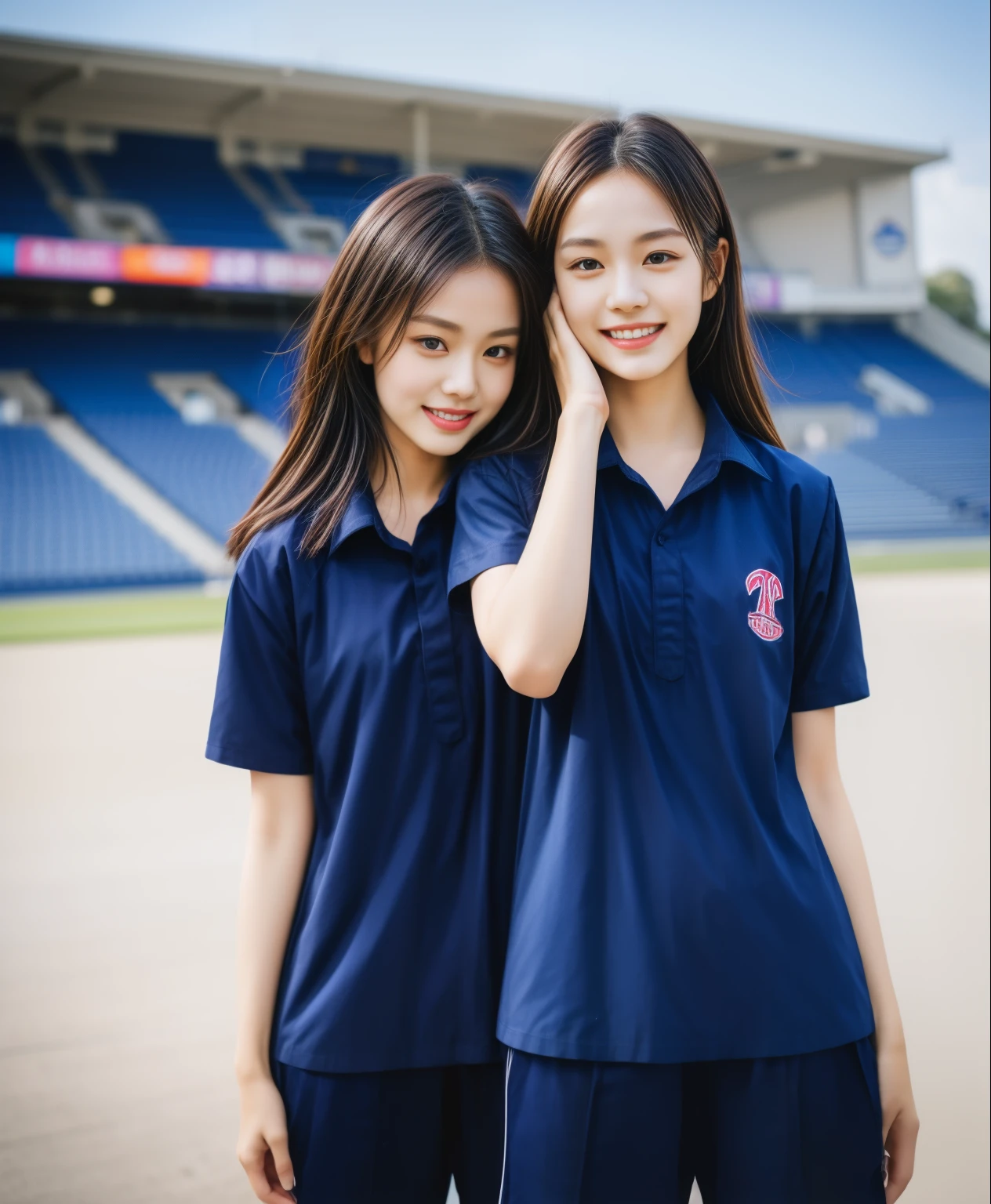 (bestquality,10,10,highres,masterpiece:1.2),ultra-detail,(Realistic,ภาพRealistic,photo-realistic:1.37),1 Cute girl in the football field,oily shiny skin,bara,light smile,BDclothelue shirt:1.3)),short sleeves,shirt, trousers.,(navy_long_ติดตามtrousers:1.1), ((Stadium Background:1.3)),dynamic angle,excited,face focus,Dynamic Poses,from behide,Ass Focus,masterpiece, bestquality, ultra realistic, hyper-detail, 8k resolution, RAW photo, crisp focus, ((Navy blue shirt:1.1)), short sleeves, เส้นทางlong, Complete bodyแบบ, 2 mature women, 18yo, cinematic light,trousersวอร์มสีน้ําเงิน,Gymware,Correct anatomy,Complete body, Correct body, sharp face, Correct bodyทางกายวิภาค, full entire body, Realistic gestures, long-haired, Realistic poses,Wear long shorts...........................................,ช่วงขาlong,Shapely,Sculpting Girl, Slender Figure, mannequin mannequins, Shapely, Beautiful body,trousersวอร์มสีน้ําเงิน, Two girls kissing