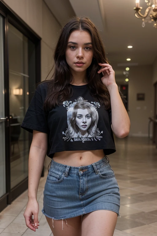 ((best quality)), ((masterpiece)), (detailed), perfect face realistic photo of beautiful woman with long dark brown hair, Russian, influencer, light freckles, dark brown eyes, big lips, no makeup, instagram, walking down the darl hallways, wearing a skirt, renaissance, wearing double denim, versace, 2021, sexy outfit, wearing a dark shirt and jeans, f2, front