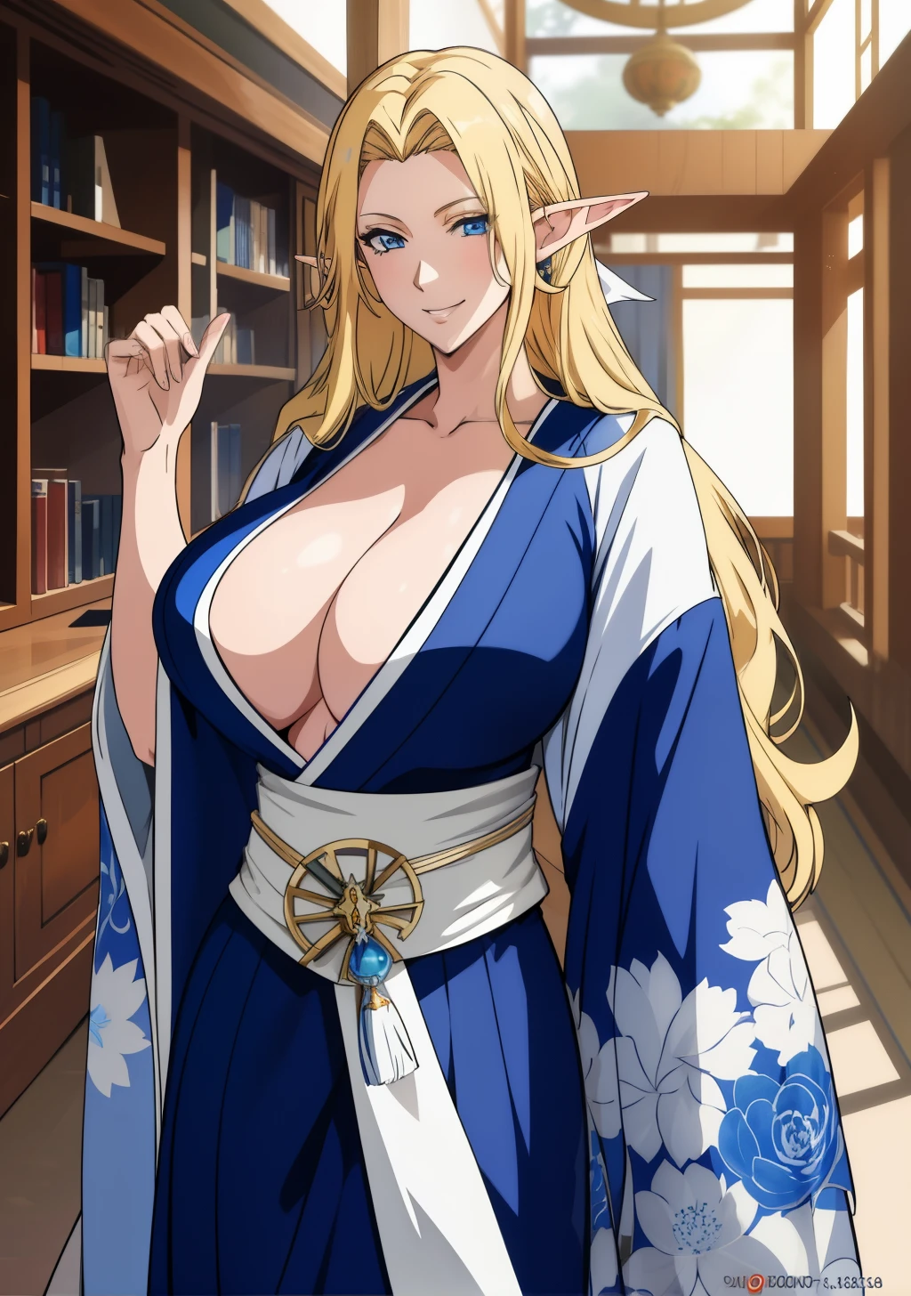 Blue kimono, huge tits, busty, blonde, elf ears,  blue eyes, long hair,  detailed, masterpiece, best quality, 4K, HDR, shrine, upperbody, smile