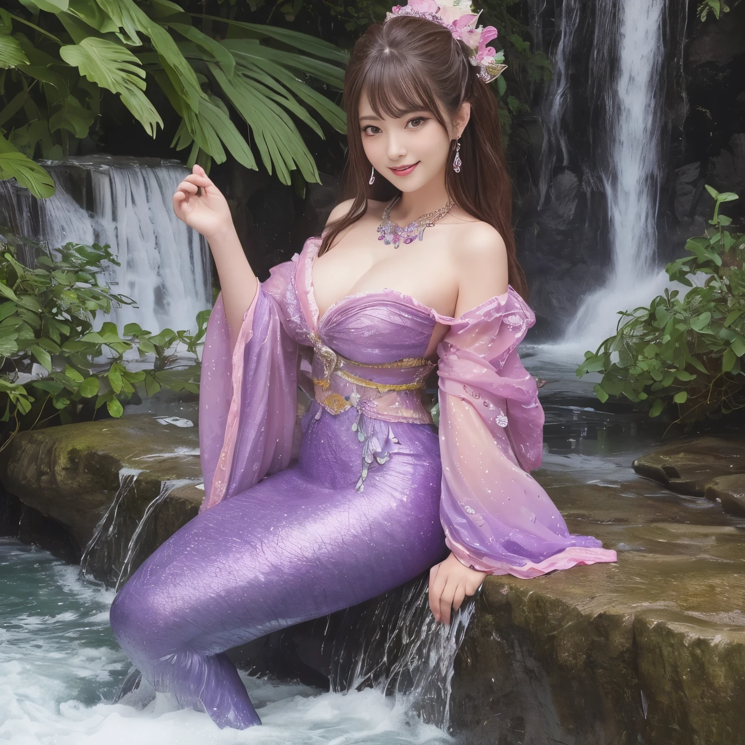 (top-quality、masutepiece、8K、Top image quality、Hyper-Realism、1 photo)、(Mermaid goddess in the most luxurious and majestic costume:1.2)、(The most luxurious and intricately decorated sleeves:1.2)、(perfect and accurate mermaid tail:1.1)、(very huge beautiful waterfall:1.5)、Wide sky、(Bathing in a large waterfall basin:1.1)、(Very intricate and sparkling pink and purple scales:1.2)、(Mermaid goddess upper body photo:1.1)、Clear and beautiful sky、beautiful thunderclouds、refreshing sunshine、Crisp and detailed background,、accurate anatomy、Full Body Jewelry Decoration,The most gorgeous goddess long-sleeved kimono、The most gorgeous decoration、Beautiful brown hair with lots of intricate jewelry、Very detailed purple and pink scales、最も贅沢でtop-qualityの巨大ティアラ、最も贅沢でtop-qualityのジャイアントネックレス、Beautiful purple and pink tail of a mermaid、Perfect makeup、(the best smile when you look at me)