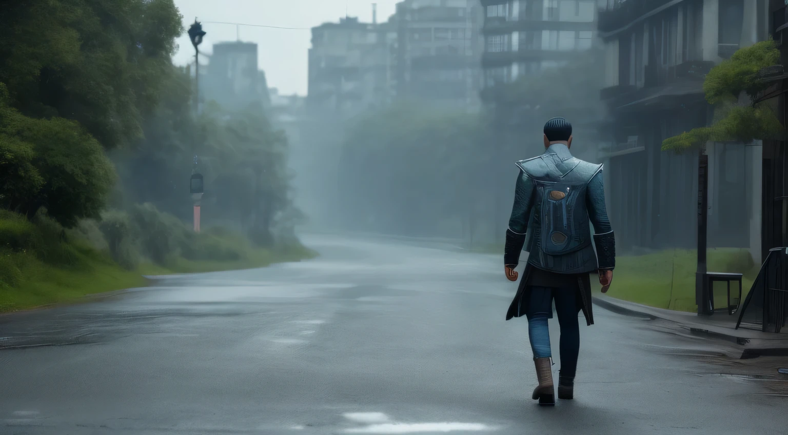 Handsome, Hide your face, 1 teenager, mistic: 1.1, Black shorts away from the camera), Gray blue coat，Pulling a trailer，Black Desert，The expressway extends into the city，Green moss