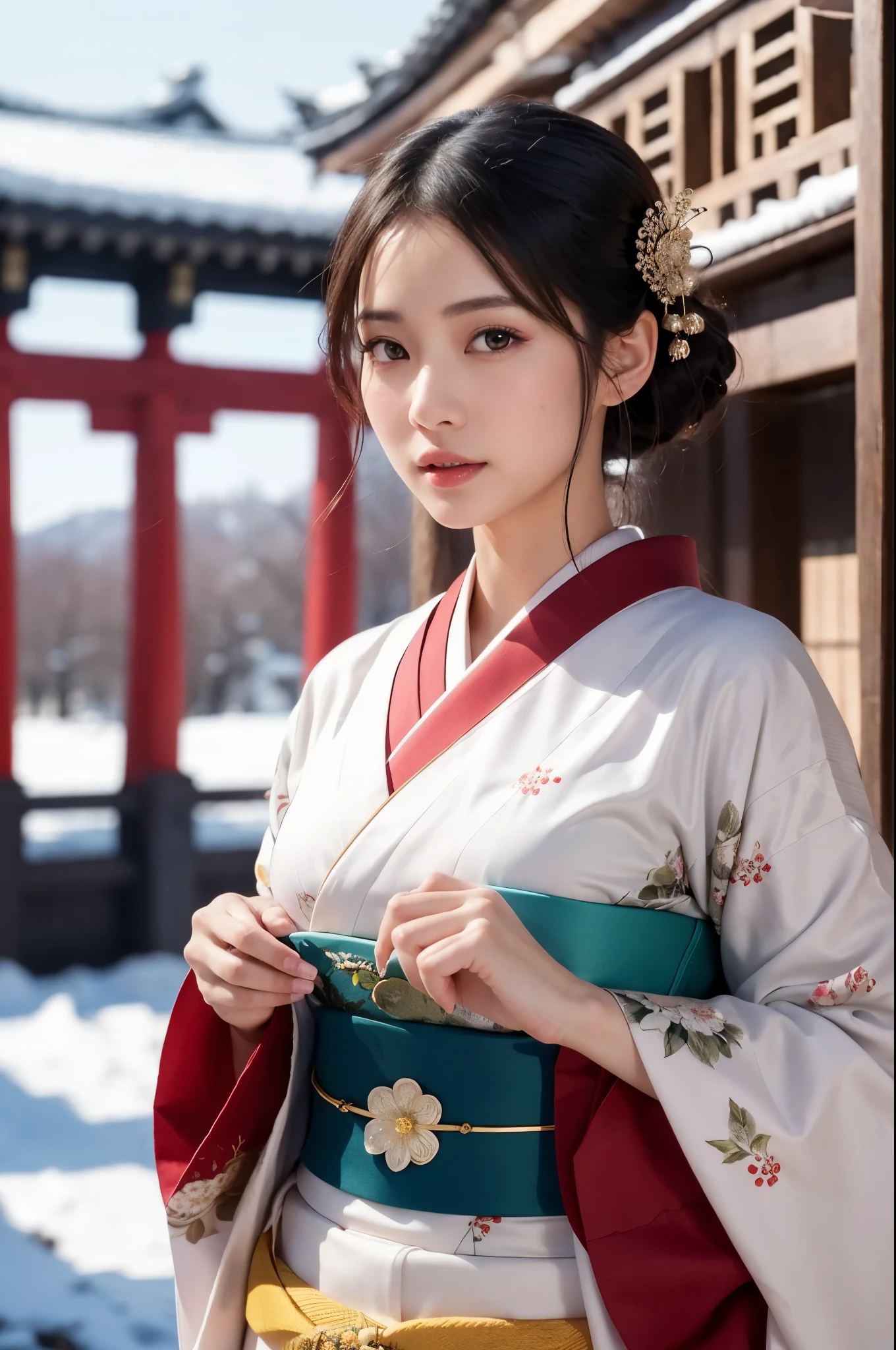 Japanese shinto shrines in snowy landscapes, Early morning of New Year's Day, (A beautiful Japanese girl in a long-sleeved kimono for New Year's celebration, floral print, fur-piece), solo, (Photorealistic:1.4), masterpiece, Best Quality, 8K, ultra high-resolution, cowboy shot, Like a Japanese Idol, Extremely cute, elegant, Slightly bewitching, parted lips, glossy skin, cinematic composition, professional warm lighting and shading, extremely detailed eyes and face, eyes with beautiful details, insanely detailed beautiful realistic skin texture, (correct body balance, accurate hands, accurate eyes)