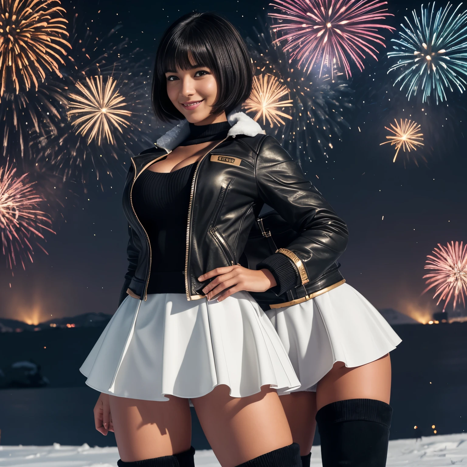 Isabela Merced, smiling, (big breasts), nsfw, bob_cut hair, cleavage, colorful jacket, black knee_high boots, black short skirt, (full bodyshot), standing in snow, mittens, celebrating New_Years_Eve, fireworks, norway,(skin texture:1.1) , (high detail face:1.1), high detail body, high detail clothes), (realistic), ultra high definition, 4k, ultra high resolution