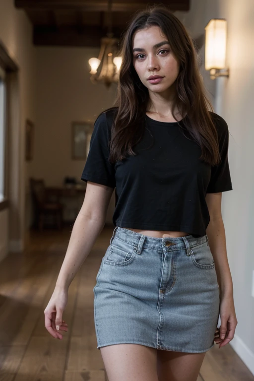 ((best quality)), ((masterpiece)), (detailed), perfect face realistic photo of beautiful woman with long dark brown hair, Russian, influencer, light freckles, dark brown eyes, big lips, no makeup, instagram, walking down the dark hallways, wearing a skirt, renaissance, wearing double denim, versace, 2021, sexy outfit, wearing a dark shirt and jeans, f2, front