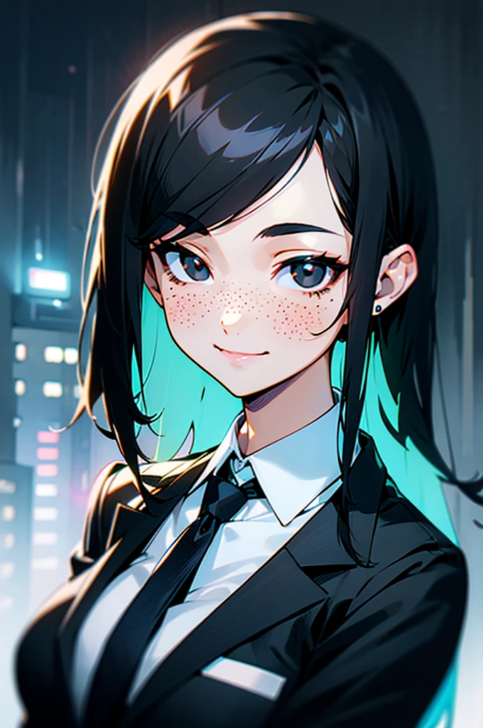 black hair, (hair tucked behind ear), forehead, (long side bangs), medium length hair, light freckles, woman, ((black eyes)), suit and tie, neon blue city, smiling