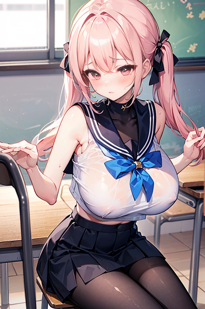 Perfect human body,1 girl, (very highly detailed background,Classroom),twintails,long whitr hair, 鎖骨,(Ultra short sleeveless sailor top),Bow knot,nabel,Low-rise miniskirt,semi transparent,(White stockings),((woman with fever)), ((Sweated,steams,college aged))), Huge compression of color)), (blush blush:1.2),