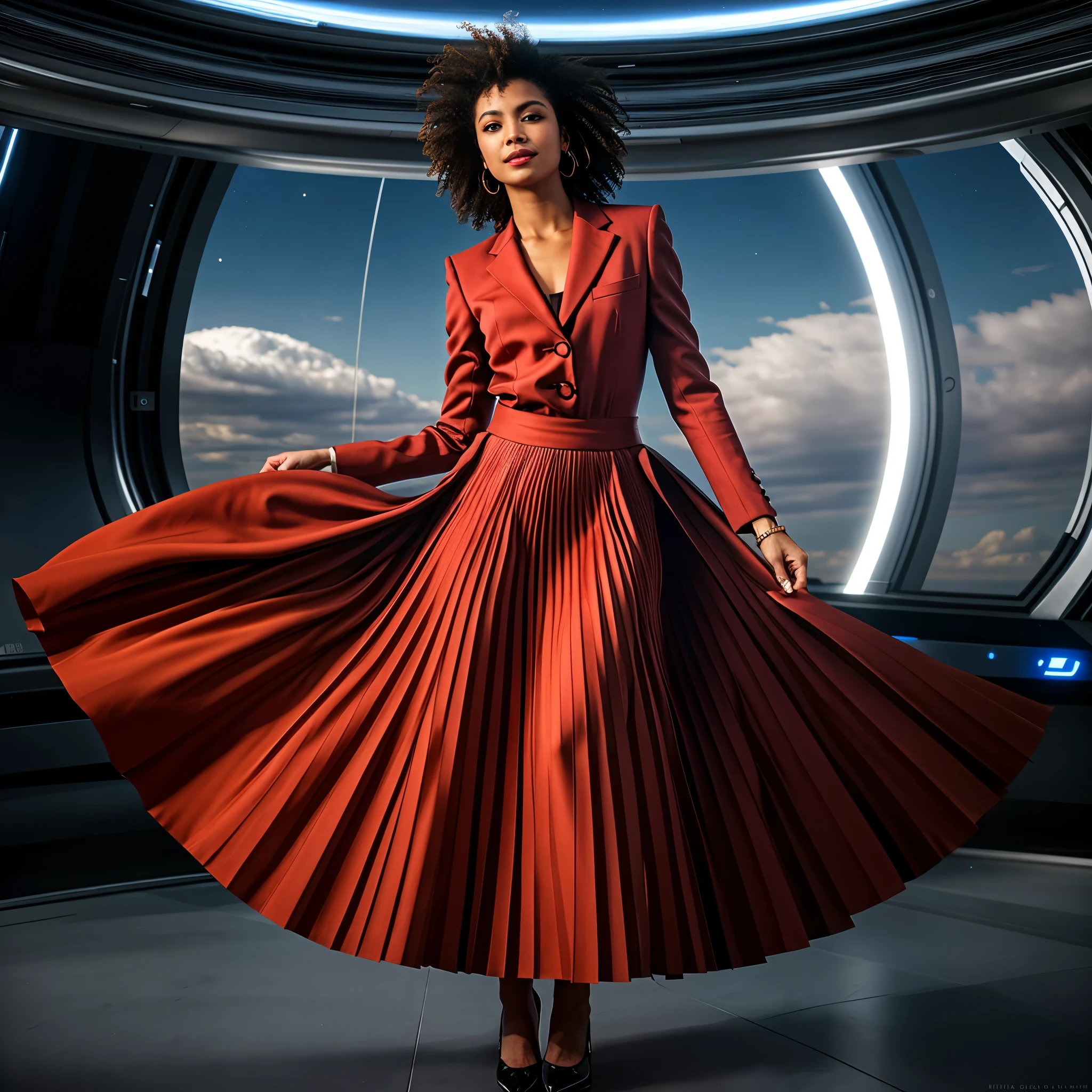 (authentic:1,1) (shy:1,2) smiling:1,1) woman wearing (long (pleated) full circle skirt) and (low heeled office shoes), very intricate hyper-detailed symmetric (attractive graceful feminine face) with (sad, tired eyes and a shy smile), large breasts, full of empathy and compassion and love, (pronounced (feminine) features), (highly detailed ultra accurate realistic) hands and fingers, (windy conditions and wind blowing), epic composition, highly detailed attributes, highly detailed space station background, extremely high quality RAW photograph,
