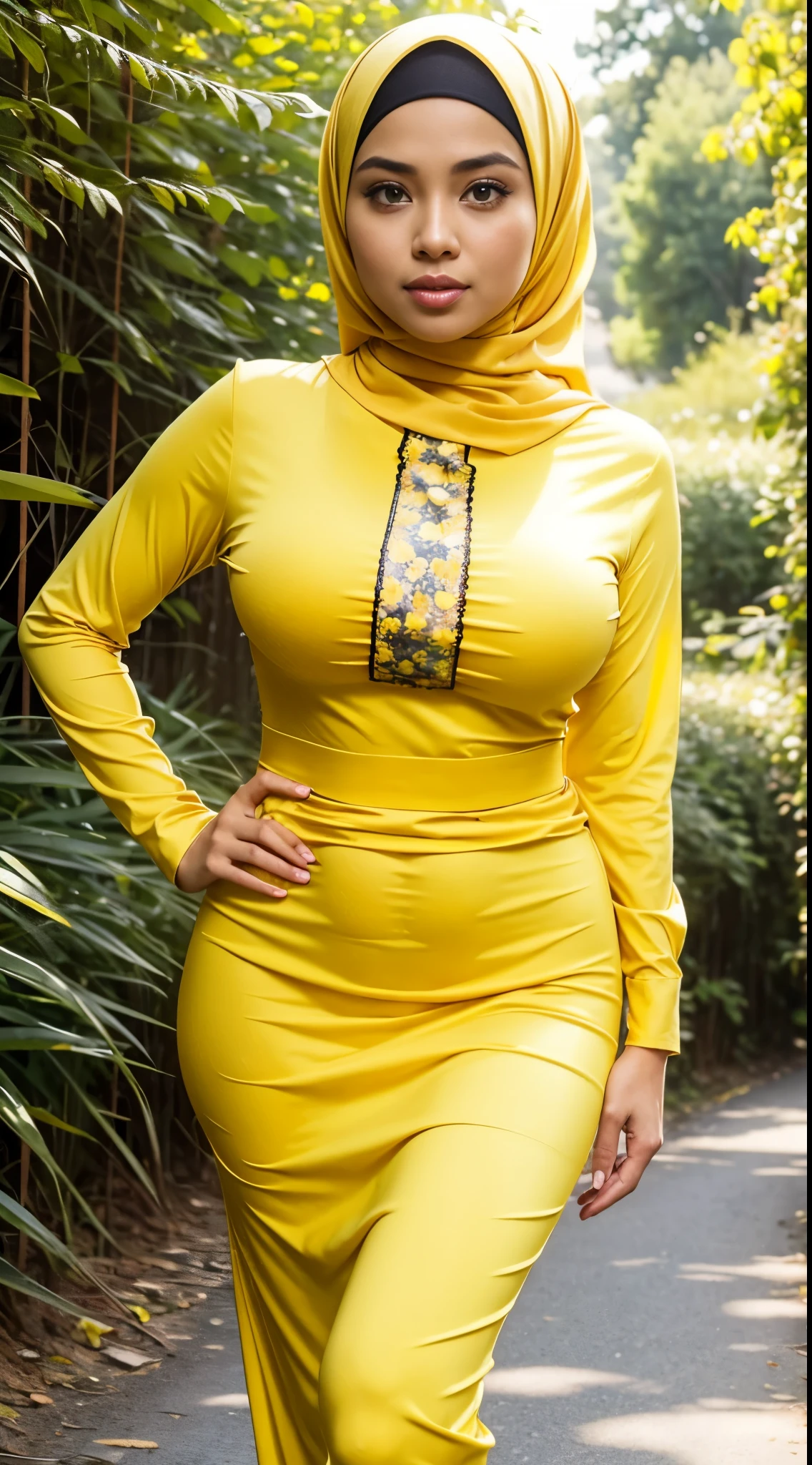 RAW, Best quality, high resolution, work: 1.3), Beautiful Malay woman in hijab,Perfect work, perfect fit body, ((Big breasts)), beautiful big eyes, Soft smile, beautiful face, slightly open mouth, thick thighs, beautiful buttocks, woman wearing a yellow top and long pink skirt, with a long cloth with a yellow floral pattern, (yellow), long yellow shirt, shiny yellow, wearing a long blouse with a yellow floral pattern, yellow, graceful yellow skin, smooth turtleneck, walking on a country road with morning sunlight through the trees, great