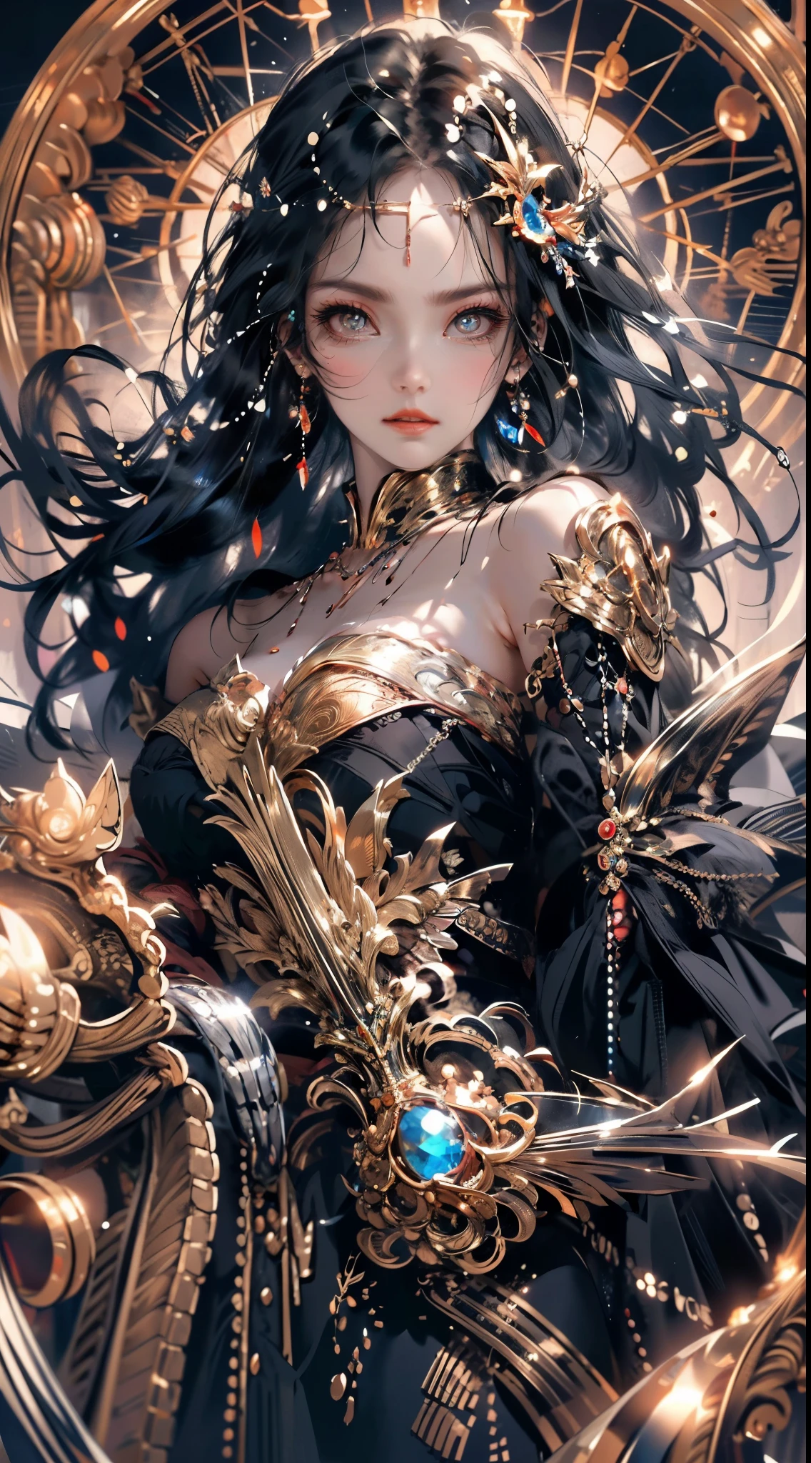 Classic background, dark magic of the Queen of Darkness, drawing a big magic circle in the air, summoning of Andet, storm, beautiful and big eyes, shining eyes, black hair, long wavy hair, princess, torn elegant long dress, active, dynamic, wlop,