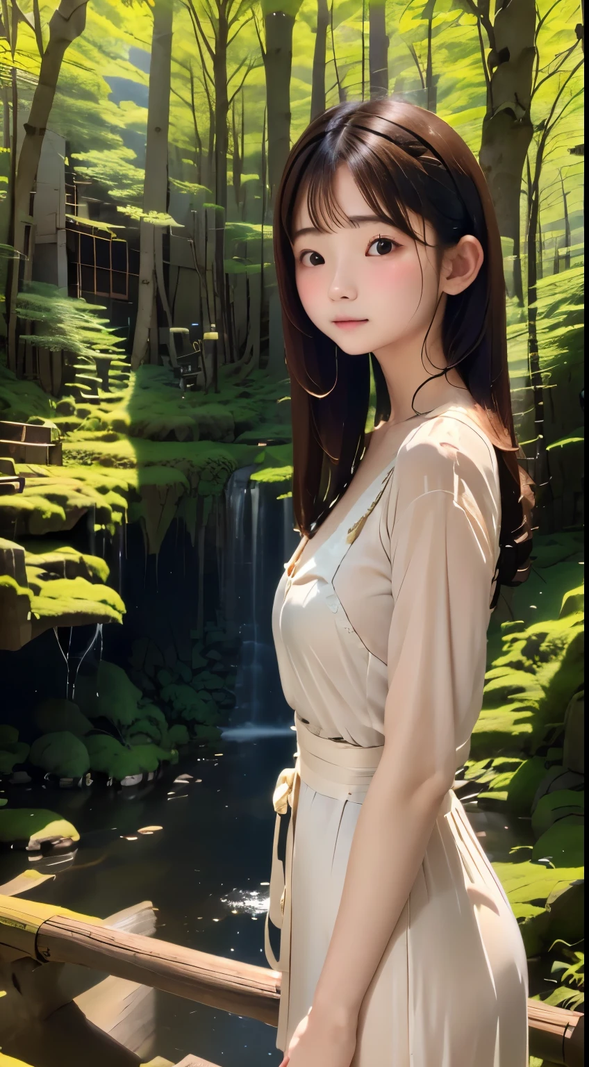 one girls:1.5、１６years old、cute  face、very nice body shape、small tits、wonderful tree々Waterfall、ナチュラルカラーのNegative ionsウェア、summer sunlight、Tree leaKage day、Silence、plein air、masuter piece:1.3、top-quality、hight resolution、８K、deep-forest、、Mysterious waterfall、、Negative ions、、
