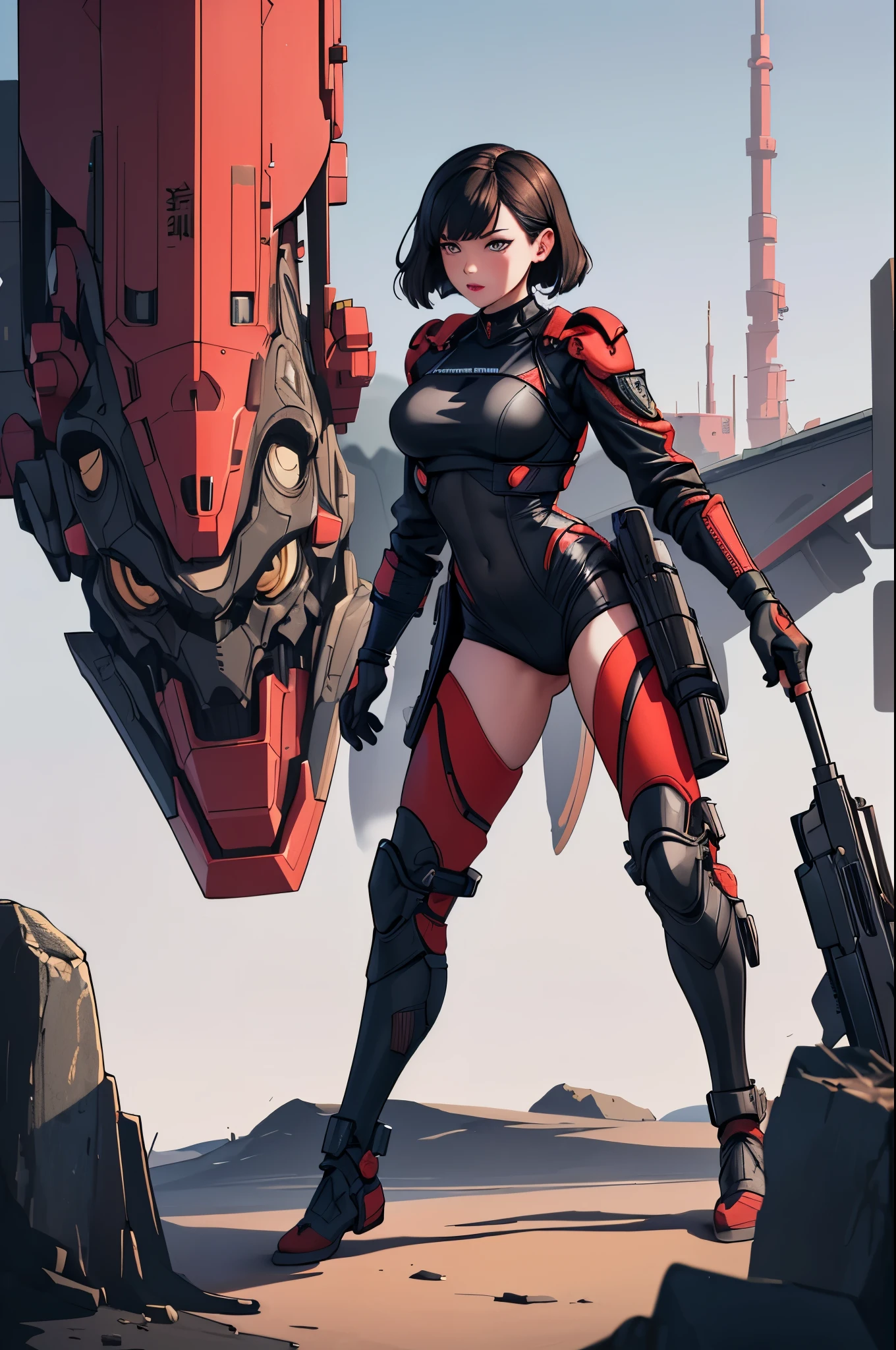 (Best quality at best), Oriental detailed background, scientific fiction,machine arm,Girl with man , karo, Monster Legion, techwear outfits,, army suit
