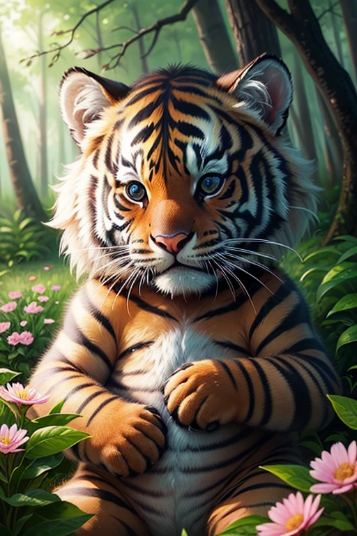 Epic realistic photography, drawing of a cute (Tigre) forest clearing,Surrounded by beautiful flowers and trees