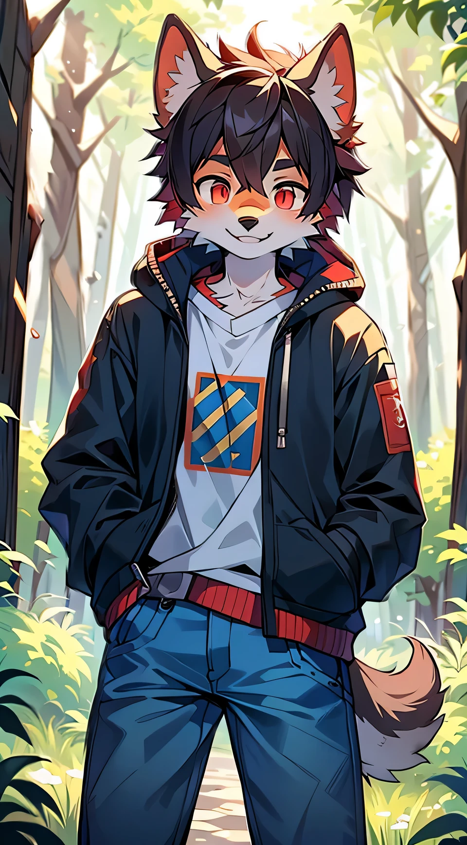 There is a male dog wolf on it, , 18yr old, half dog, anthropomorphic turtle ,   ，One guy，皮jaket，jaket，denim pant，Cool ( Black-red pupils), (Golden shining quality, high detal，Background city walllon hair with smile，Two small ears，Skin Gionee ，at a forest