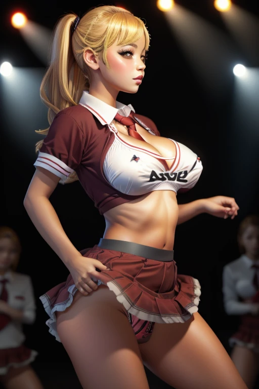 Beautiful full-length photo of an idol singer with 5 dancers, Masterpiece Quality, Shining Girls, (Miniskirt school Uniform:1.5), Bright stage lighting, Rock Stage, detail panties, ultra wide-angle, from below, bimbo, underwear, dildo under panties, dildo under clothes, gigantic breasts, cleavage, huge nipples