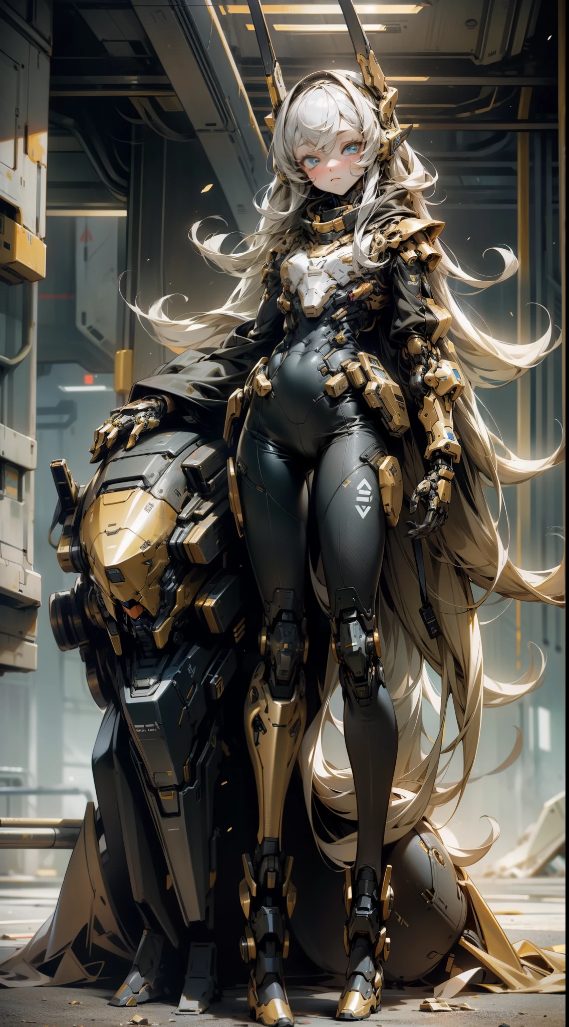 classy girl, Mecha girl alone, full-body portraits, Humanoid beautiful girl mecha, Dark, Silicon phenanthrene, postapocalypse, skyblue eyes, The is very detailed, actual, black and gold, pretty legs