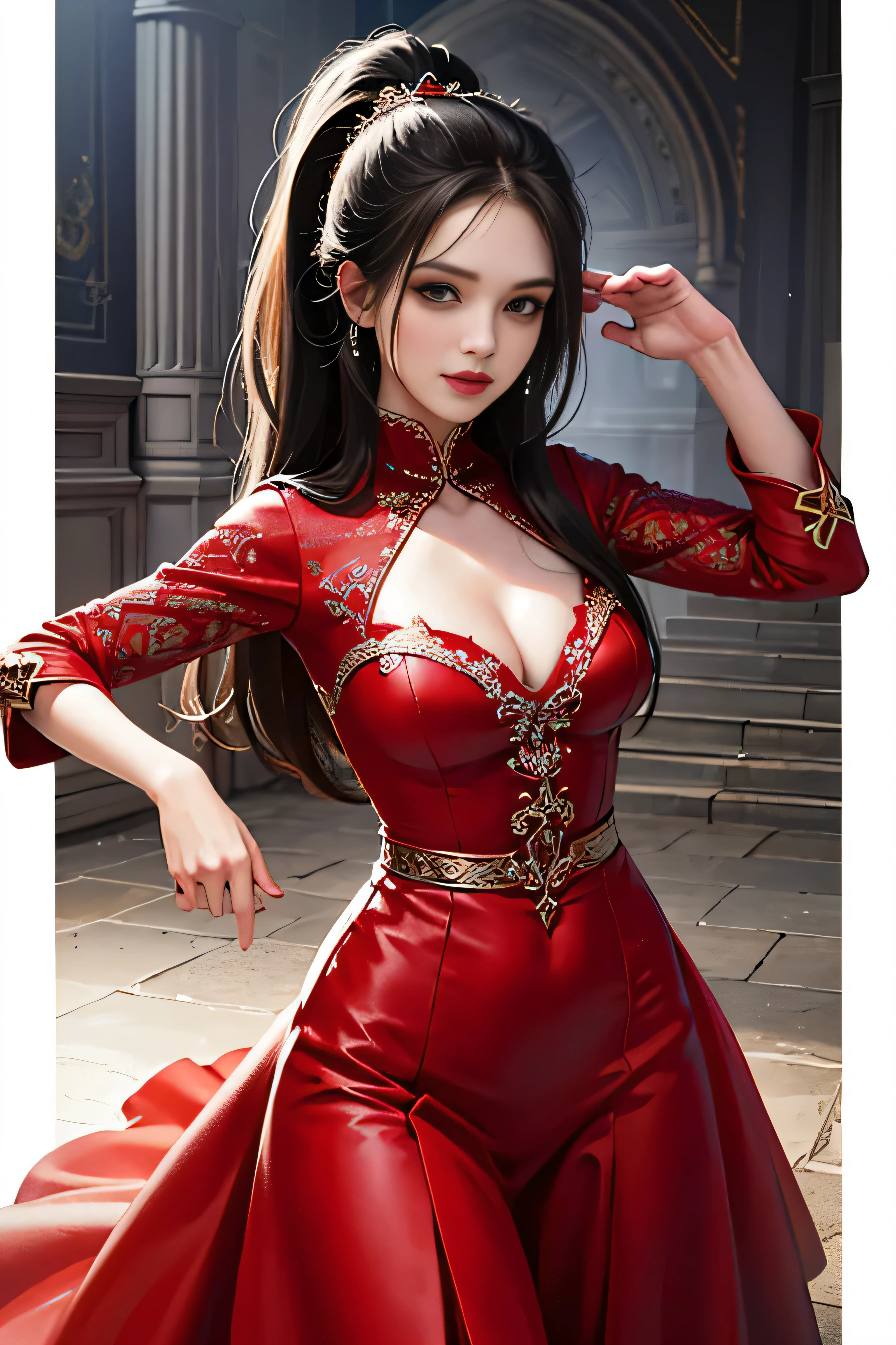 (skindentation:1.5), Realistic, Photorealistic, (masterpiece:1.5), concept art, intricate details, highly detailed, photorealistic, octane render, 8k, unreal engine, dynamic pose, best quality, highres, (realistic face:1.1), (hyperrealistic:1.1), (((full_body))), perfect eyes,(shiny skin:1.2), perfect hand, extremely detailed background, ((dynamic background)), ((1girl)), ((wearing red long fluffy dress)), ((detailed eyes, high quality eyes, high quality face)), long black hair, messy ponytail, dramatic, depth of field, bokeh, 4k, ancient city ruin, dancer, (((dancing))), long sleeves, (((red long chiffon dress))), turtle neck, bride
