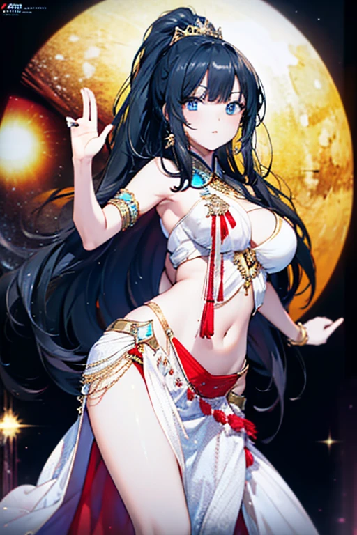 4K,hight resolution,One Woman,Bright black hair,blue eyes, large breast, Long ponytail,Arab queen,Arab dancer dresses,jeweled costume,Navel Ejection,with a pure white background