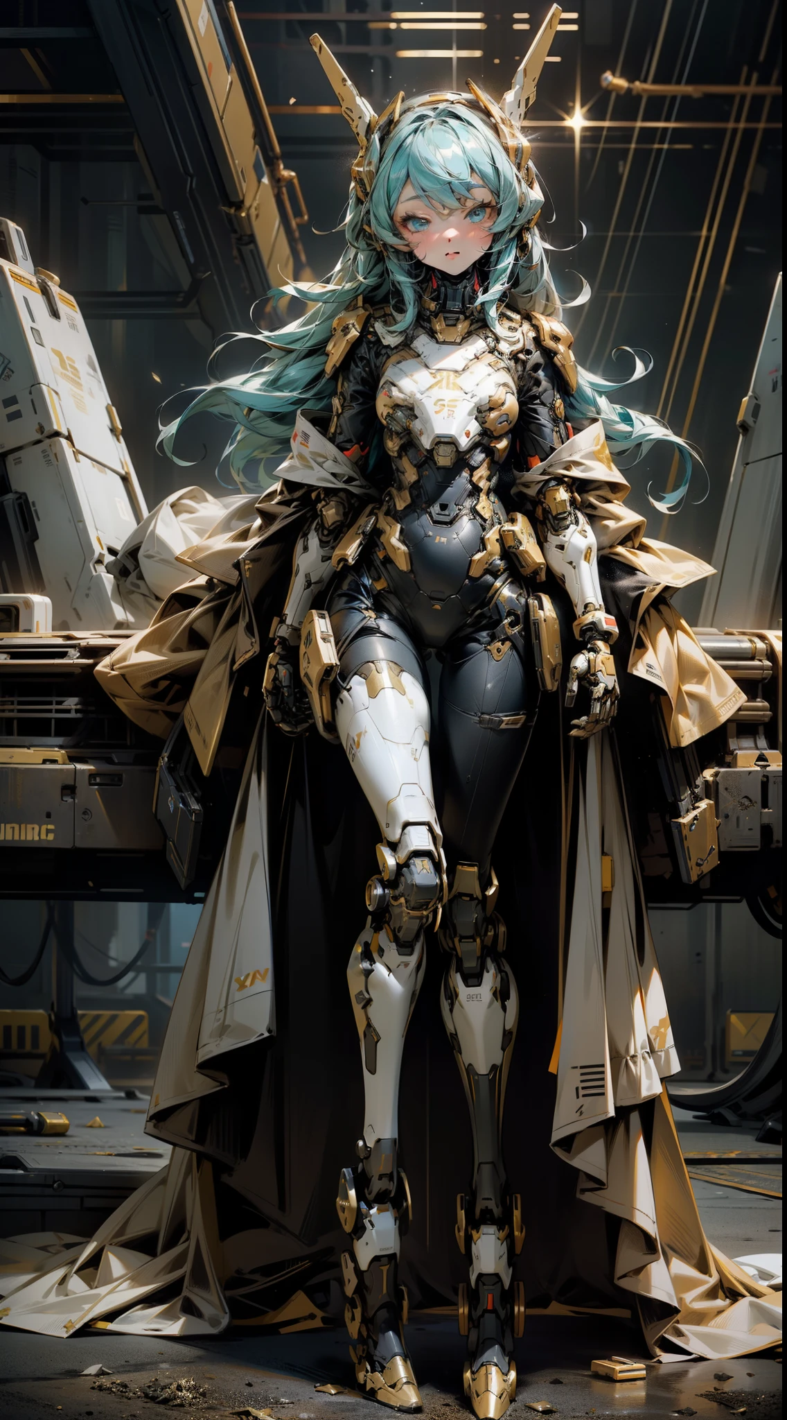 classy girl, Mecha girl alone, full-body portraits, Humanoid beautiful girl mecha, Dark, Silicon phenanthrene, postapocalypse, skyblue eyes, The is very detailed, actual, black and gold, pretty legs