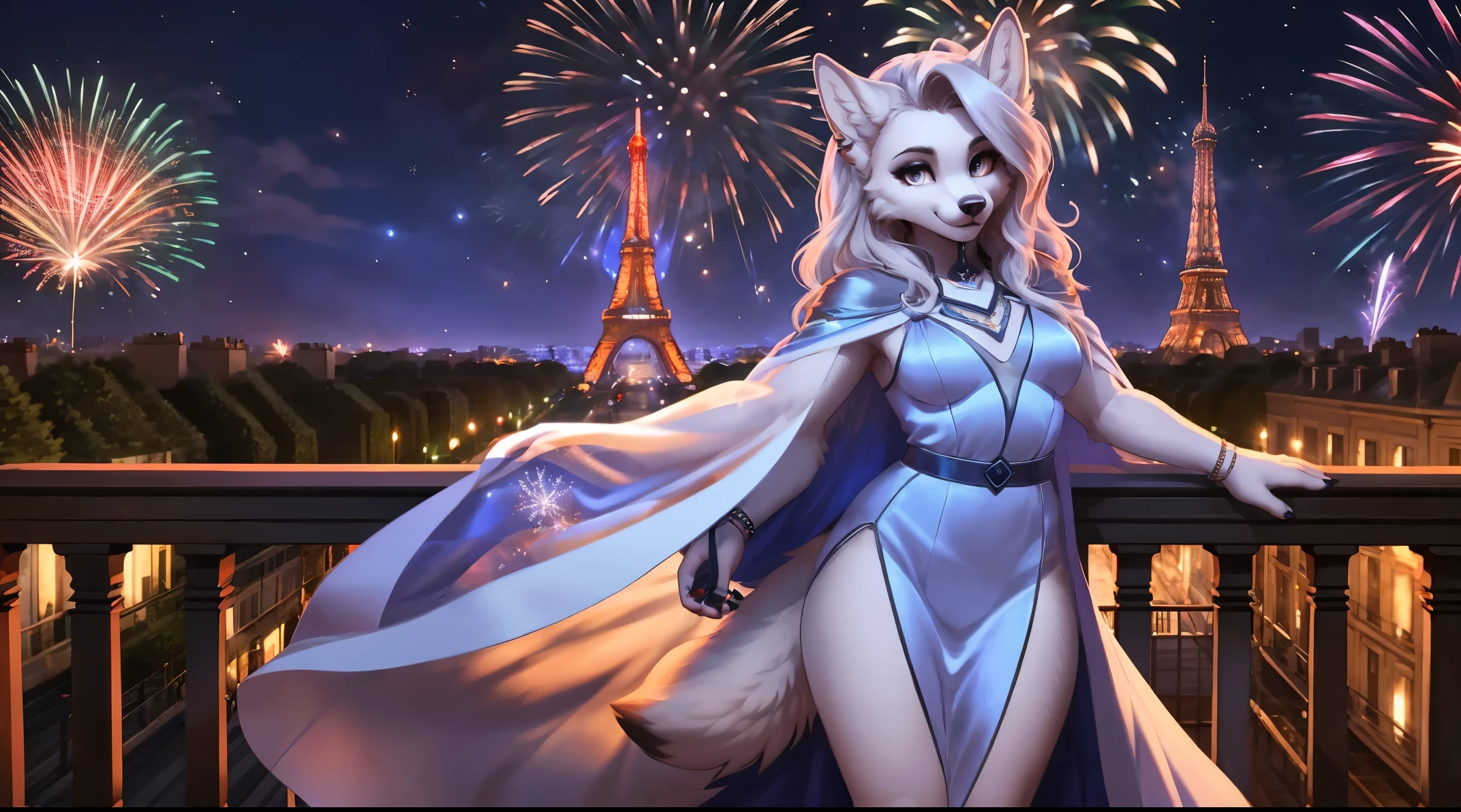Loona, ice queen, near the railing, mansion, full body, anthro, wolf, e621, Furbooru, light gray eyes, piercing and beautiful eyes, detailed and beautiful face, long white wavy hair, tall, slightly muscular, long blue dress, long dress cape, New Year, fireworks, Paris city view, Eiffel tower at distance, France, smiling, looking at viewer, wide view, solo, beautiful, extremely detailed, very high quality, 4K, 8K, HDR, RAW
