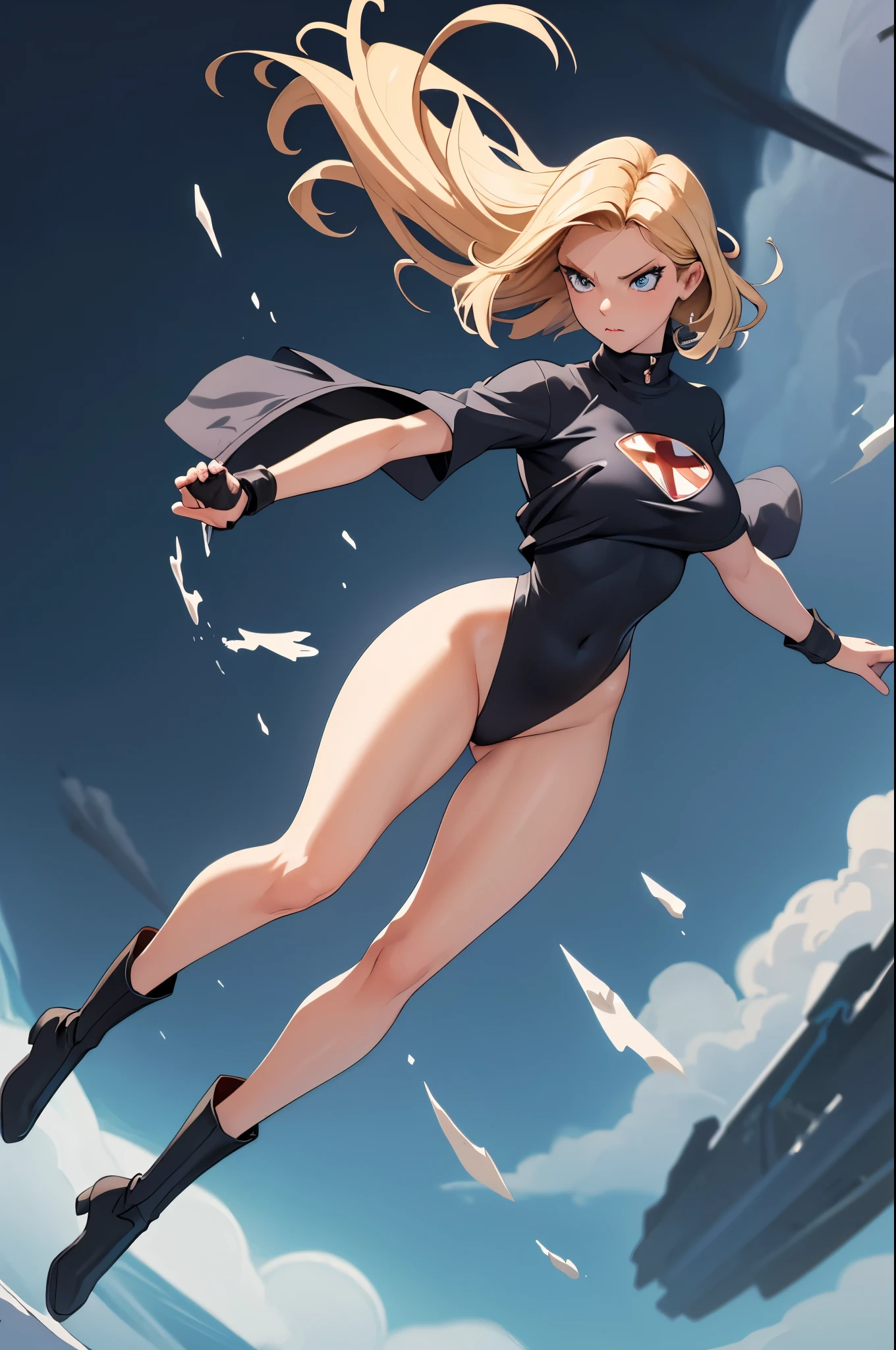 tmasterpiece, Best quality at best, sour, Gray sweater, black reotard, twist, twirl, Blonde hair, super heroes, boots, tornado, twirlwind, Alone, Bare legged, twirl, influence of wind, twirlning into a tornado, fast twirl, standing on your feet, Time travel, Travel through time, high legs, Perfect hands, Perfect Finger, high legs leotard, powering up, tornado swirls