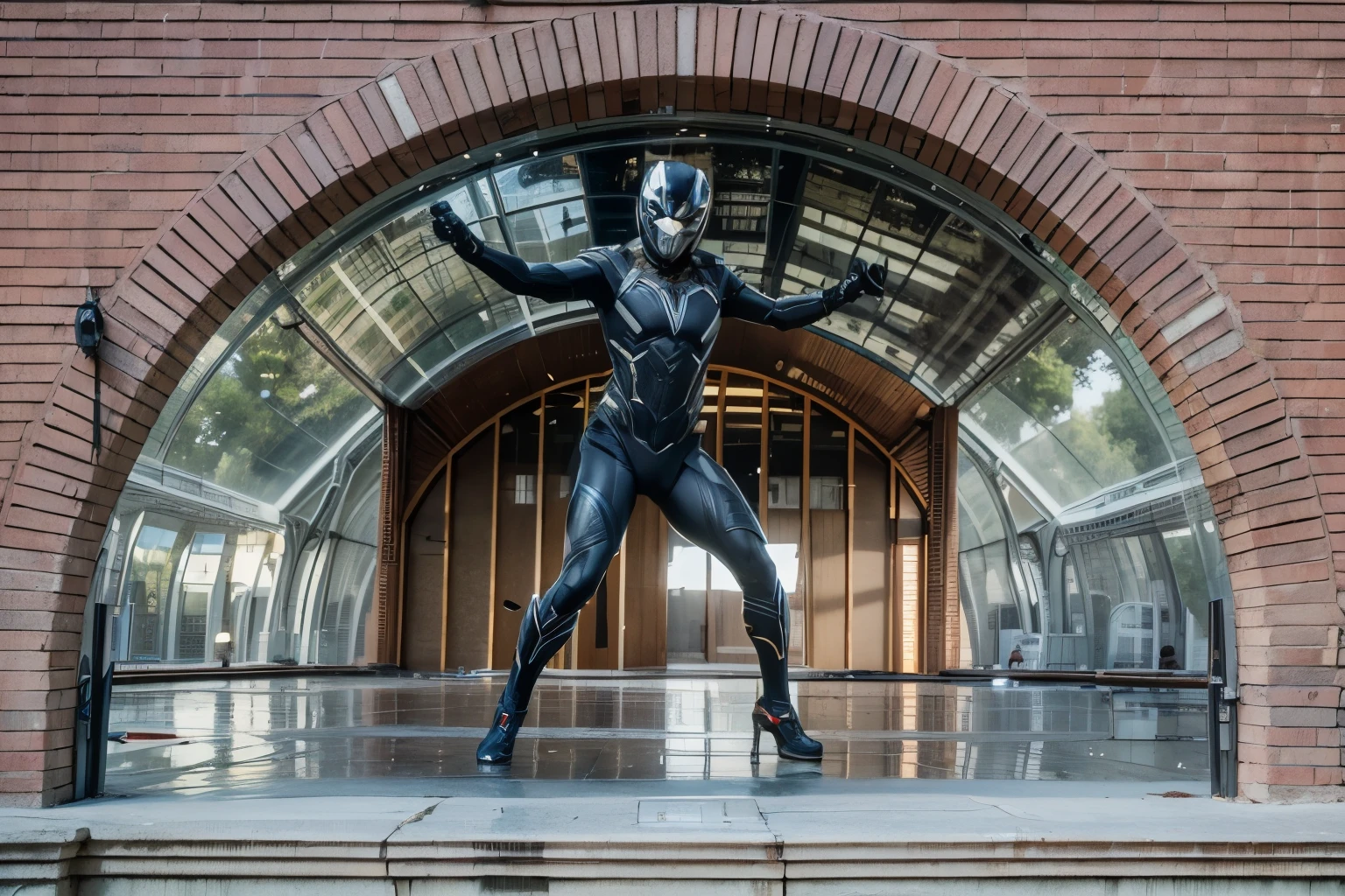 (Best quality, 8k, 32k, Masterpiece, UHD:1.2) "Envision a cityscape inspired by Wakandan architecture, a stunning fusion of tradition and futuristic innovation. Picture towering spires, sleek buildings, and structures seamlessly integrated with natural elements. Showcase the intricate details of Wakanda's unique design, incorporating vibranium-infused technology evident in the city's infrastructure. Highlight advanced, sleek technology seamlessly woven into traditional African motifs and architectural styles, showcasing the nation's advanced civilization. Utilize vibrant colors, reflective surfaces, and intricate patterns to capture the essence of Wakanda's forward-thinking aesthetic. Enhance the scene with futuristic elements like hovering vehicles, advanced energy sources, or glimpses of high-tech gadgetry, imbuing the artwork with the essence of Wakanda's technological prowess and cultural richness." Black Panther leaping off the building