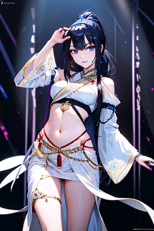 4K,hight resolution,One Woman,Bright black hair,blue eyes, large breast, Long ponytail,Arab queen,Arab dancer dresses,jeweled costume,Navel Ejection,with a pure white background