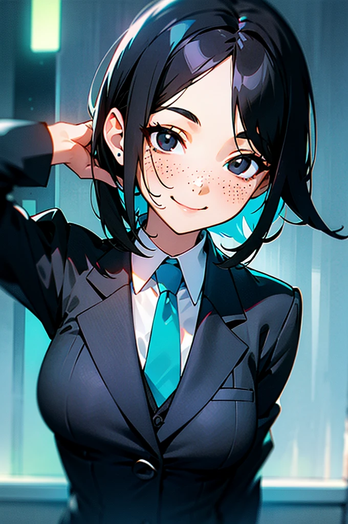 black hair, (hair tucked behind ear), forehead, (long side bangs), medium length hair, light freckles, woman, ((black eyes)), suit and tie, neon blue city, smiling